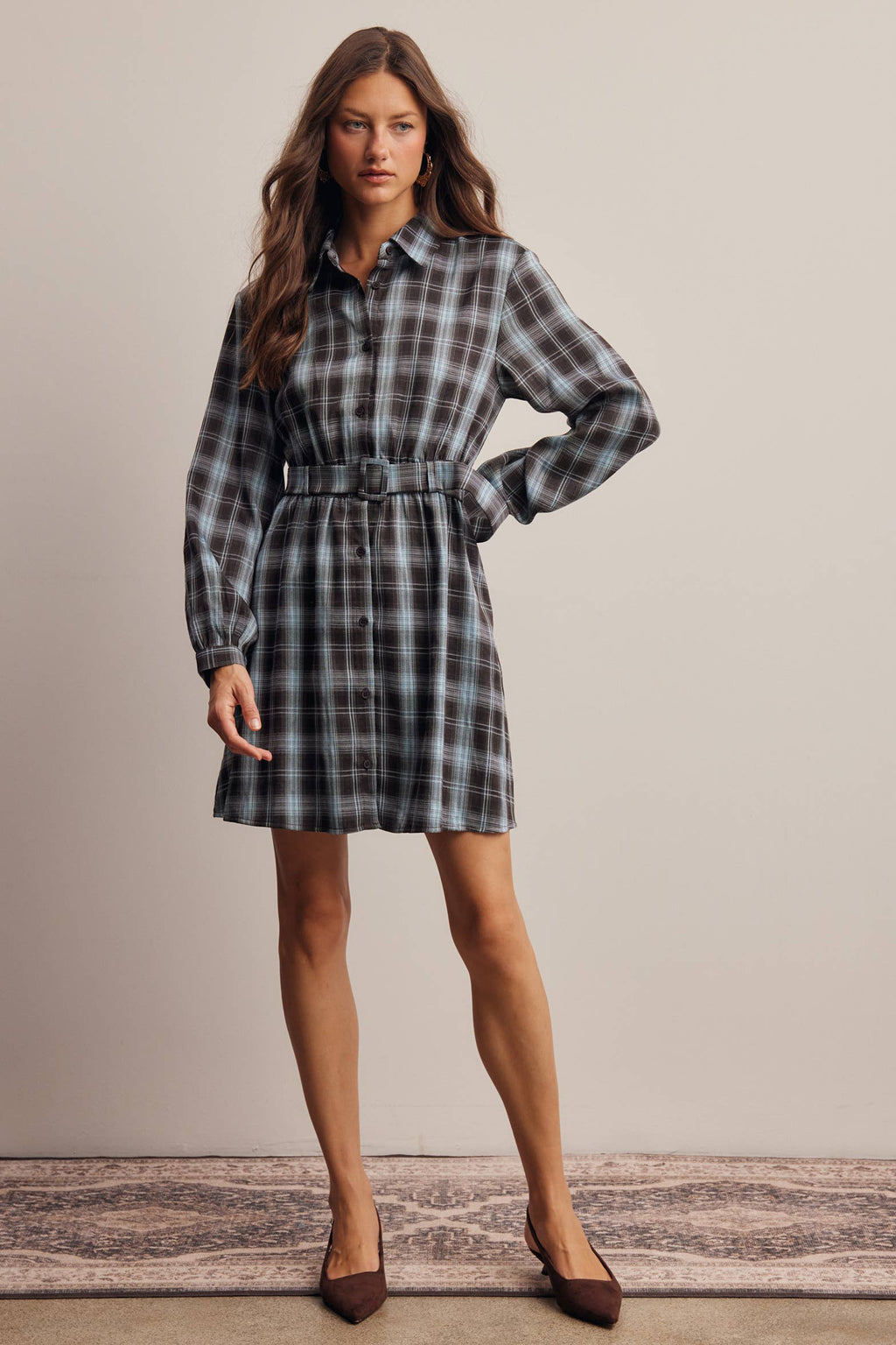 Belted Plaid Shirt Dress FD0063