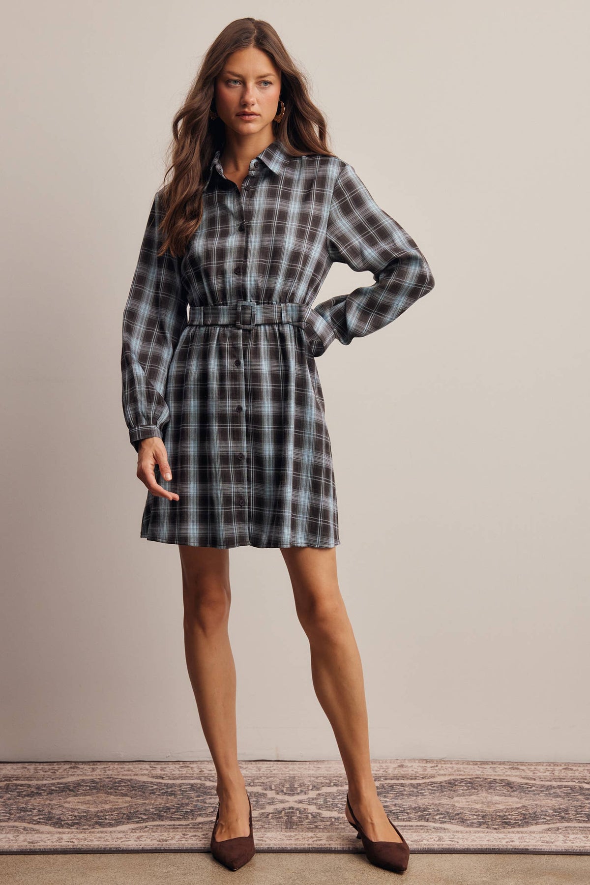 Belted Plaid Shirt Dress FD0063
