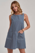 SLEEVELESS STRIPE DENIM MINI DRESSWITH SCALLOPED EMBROIDERY
