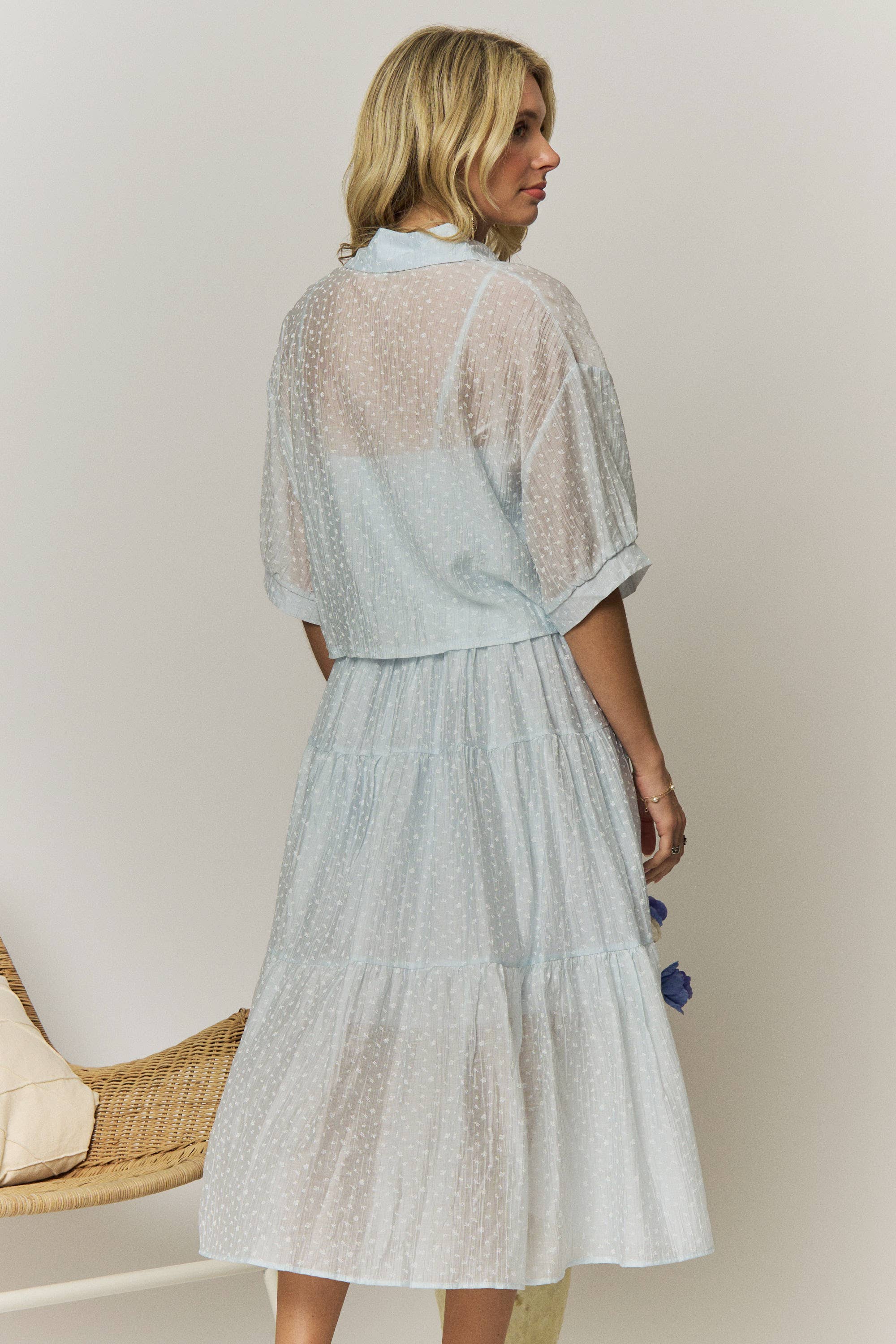 TEXTURED TIE-FRONT BLOUSE MIDI DRESS- LED4302