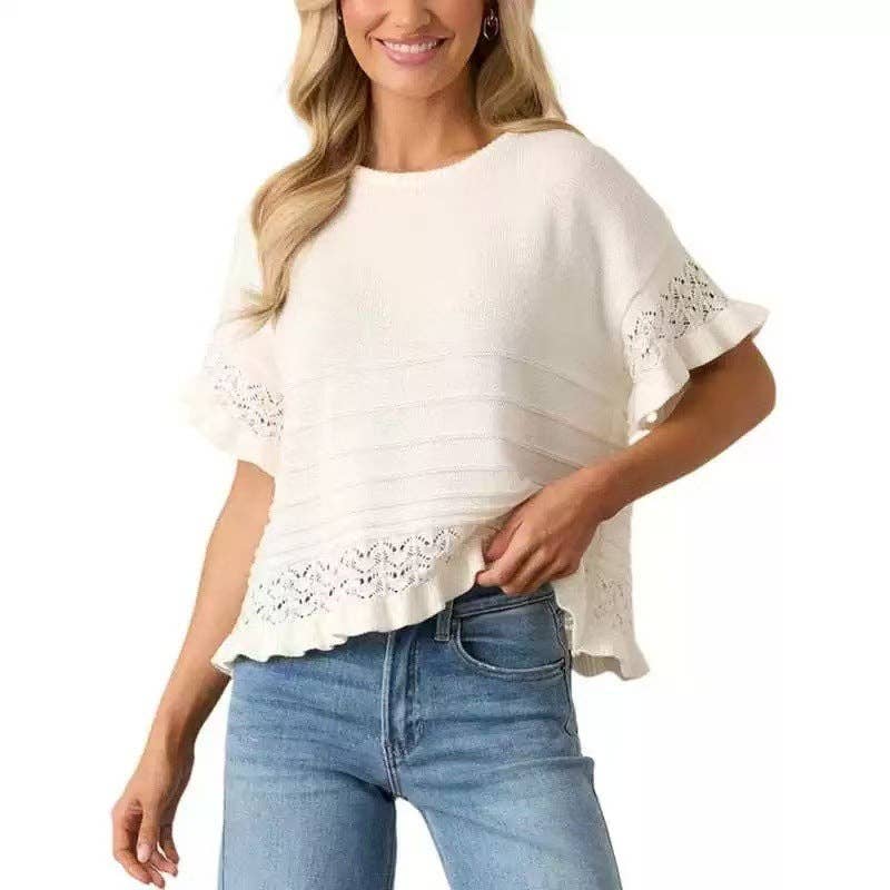 Boho Solid Knit Top Casual Eyelet Ruffle Sleeve