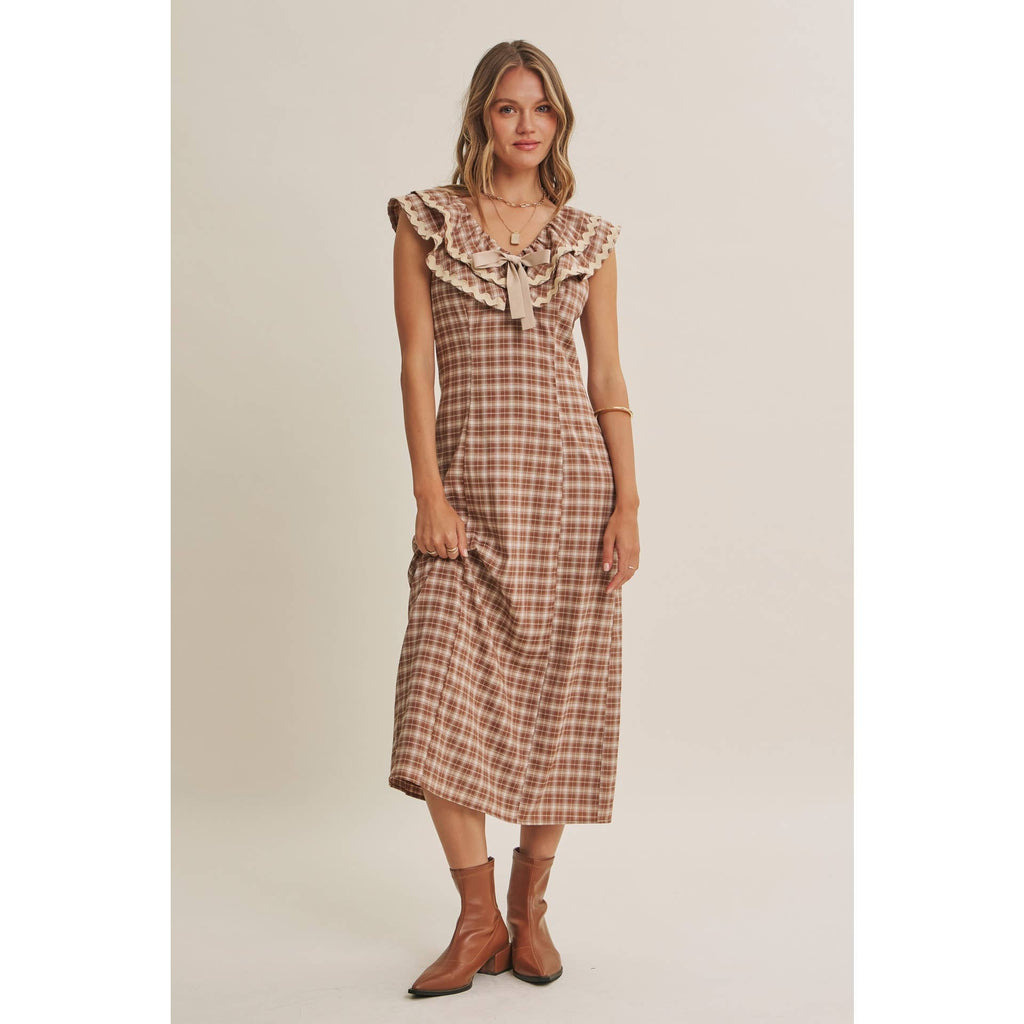 AUTUMN HARVEST RUFFLED PLAID BODY SKIMMING SLIT MIDI DRESS