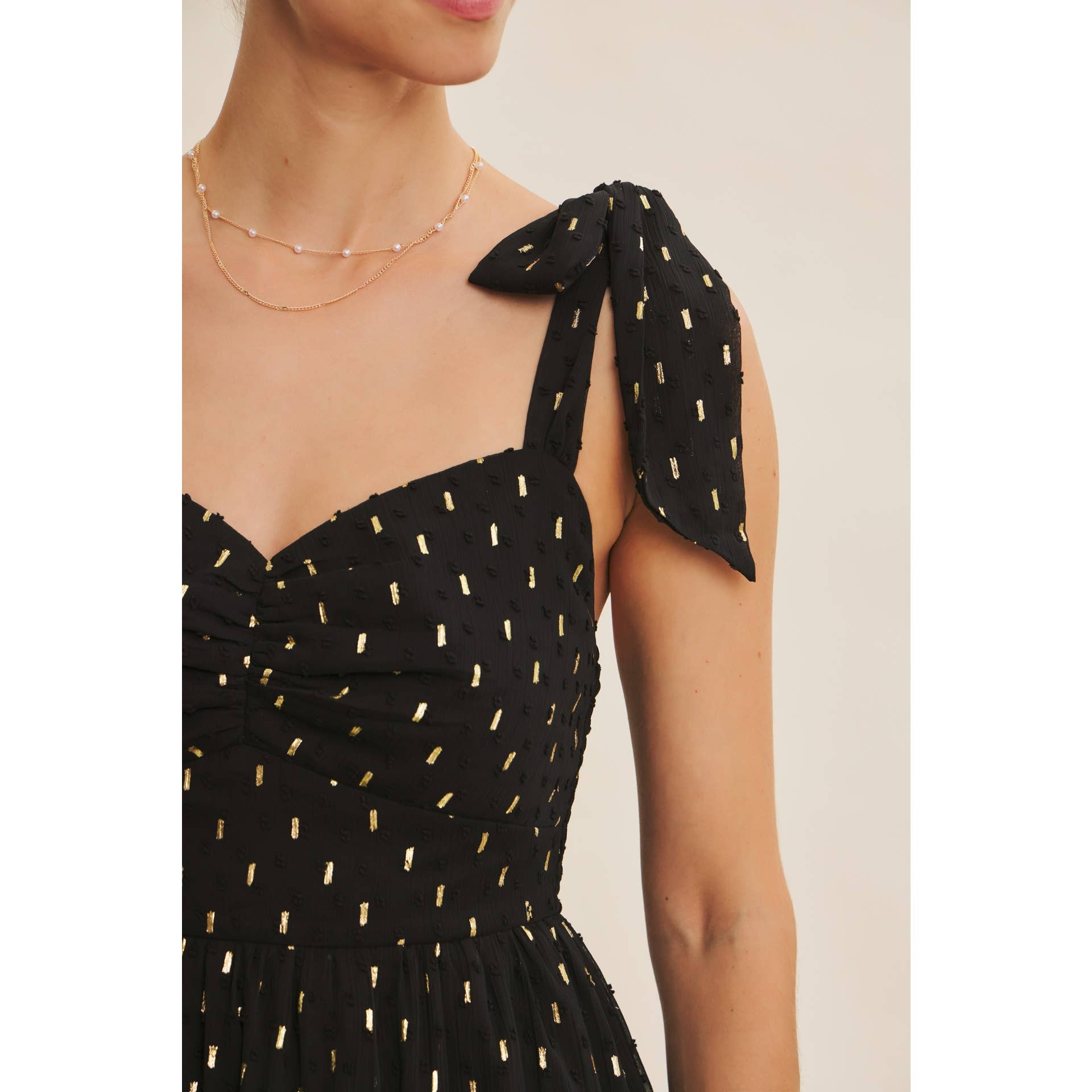 DESIGNED FOR MAGICAL MOMENT RUCHED FOIL SWISS DOT MAXI DRESS