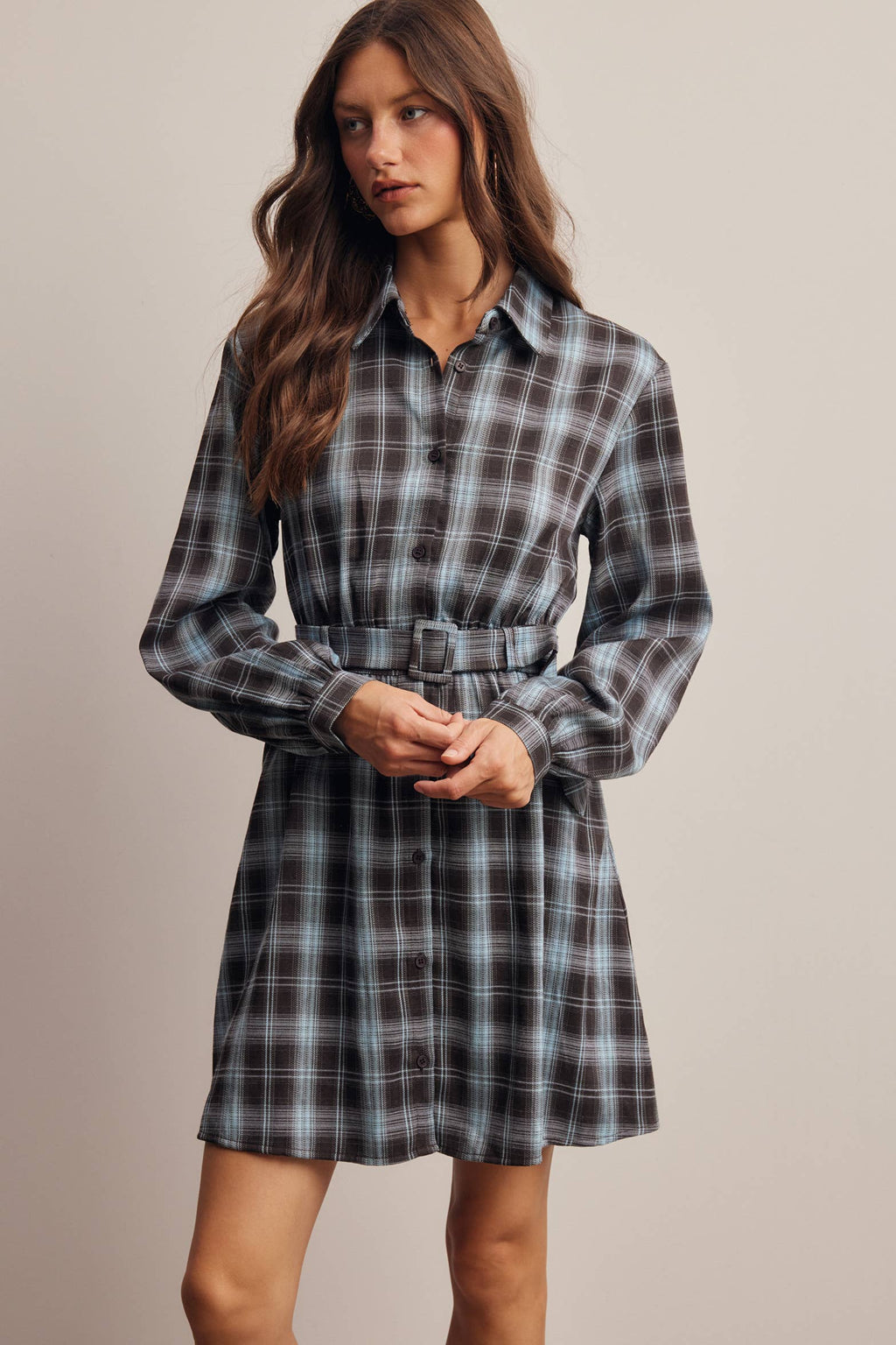 Belted Plaid Shirt Dress FD0063