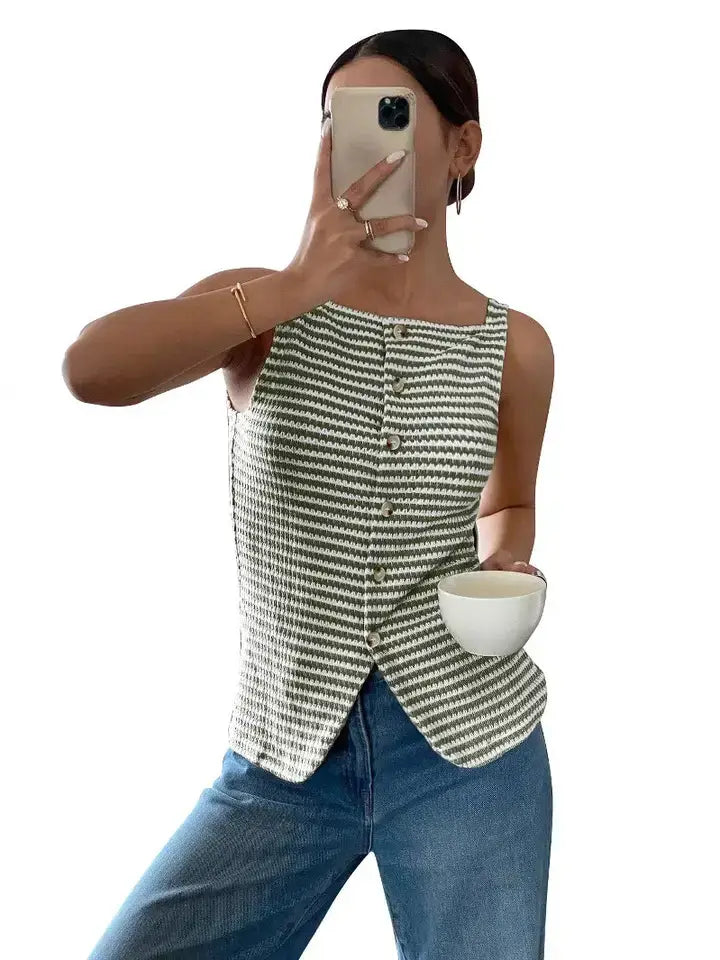 Striped Knit Button Front Tank Top Slim Fit Summer Vest