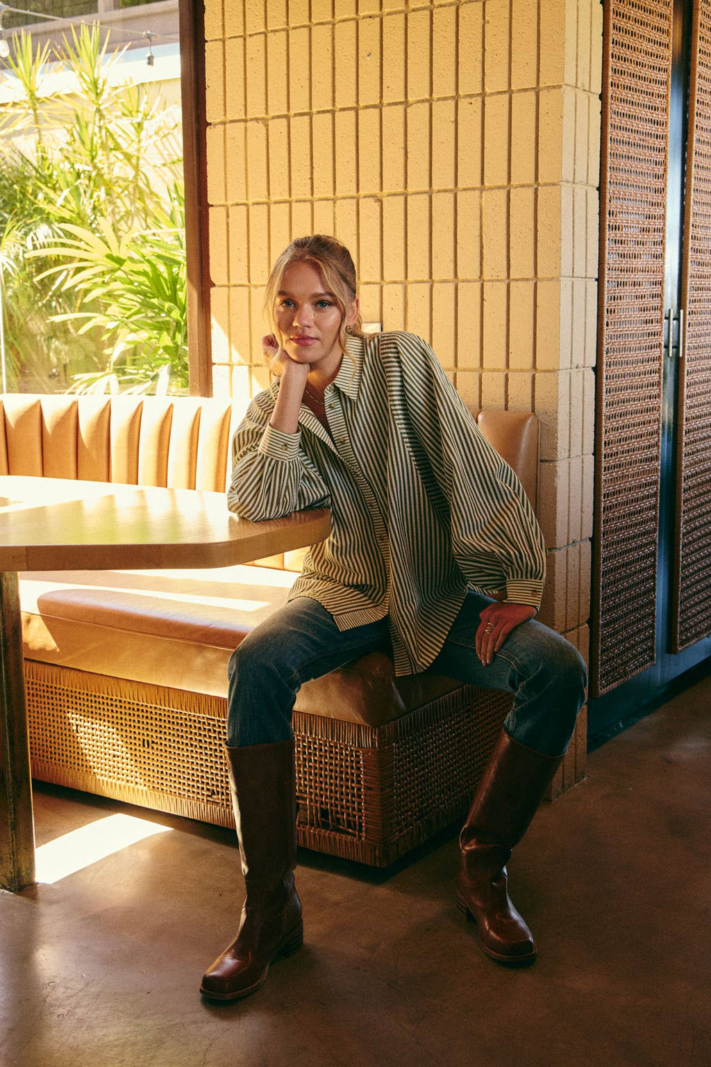 FRENCH CAFE MIXED STRIPE BATWING BUTTON-DOWN SHIRT