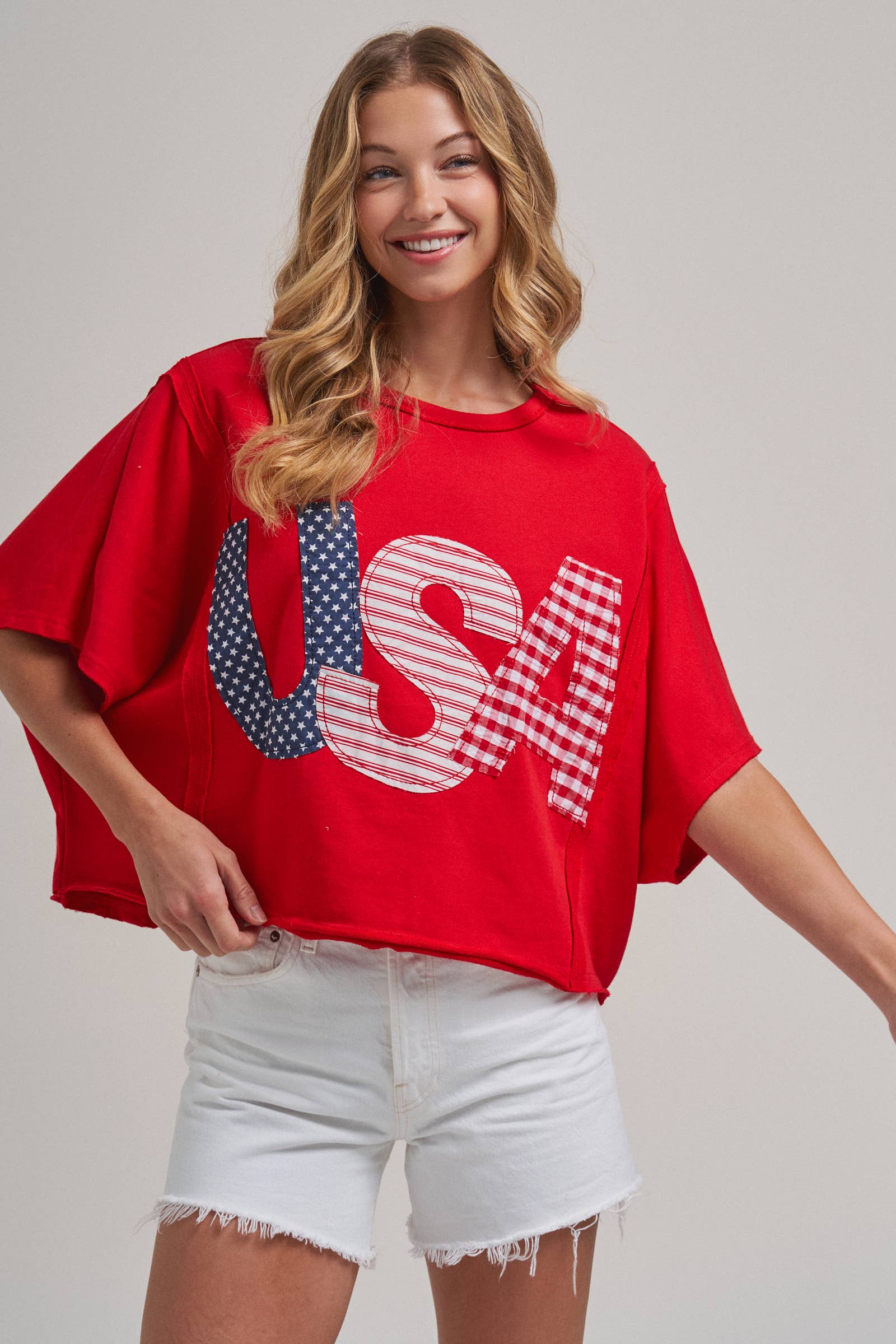 BIG USA LETTER PATCH OVERSIZED 4TH OF JULY KNIT TOP