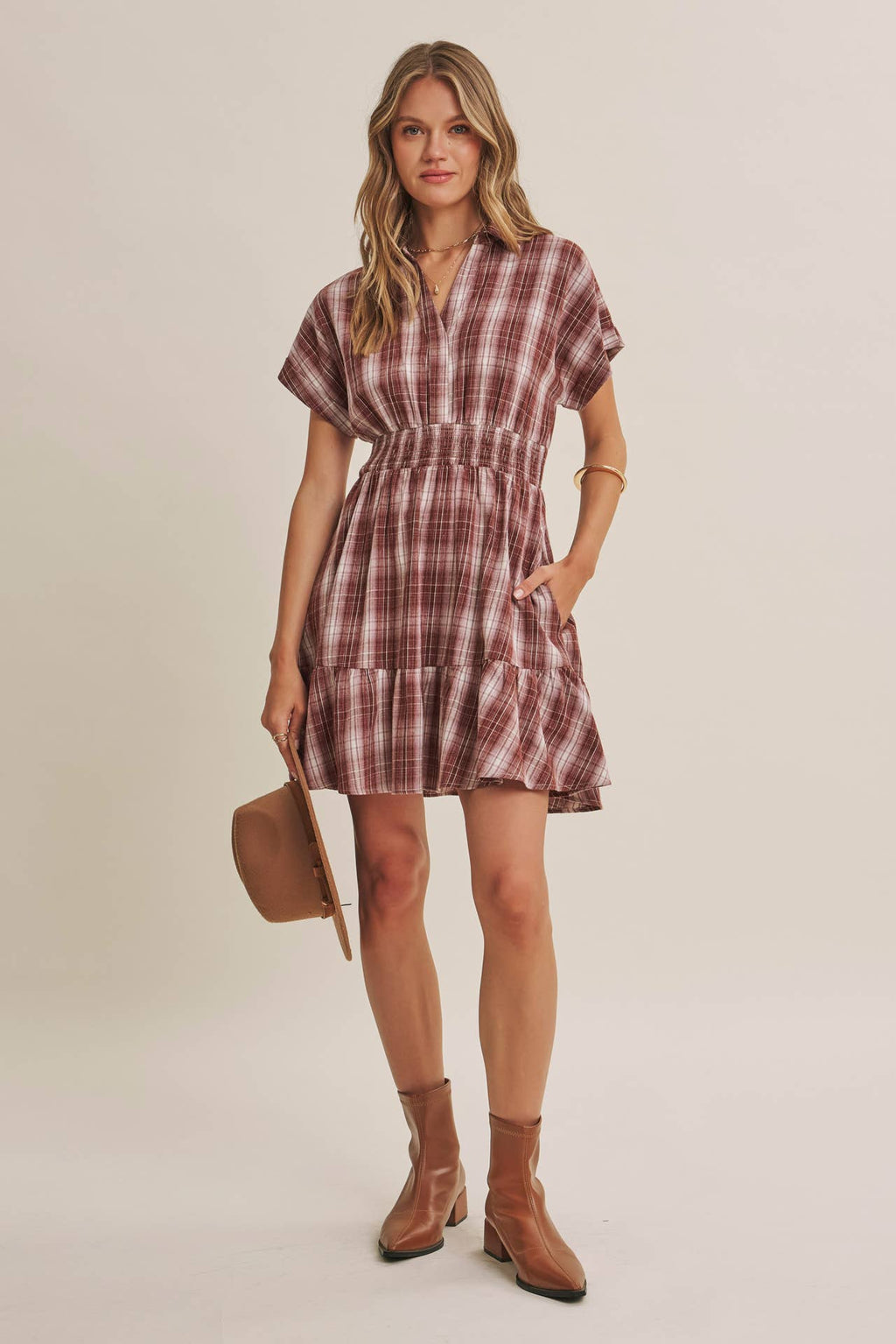 AUTUMN PICNIC DROP SHOULDER PLAID SMOCKED WAIST MINI DRESS