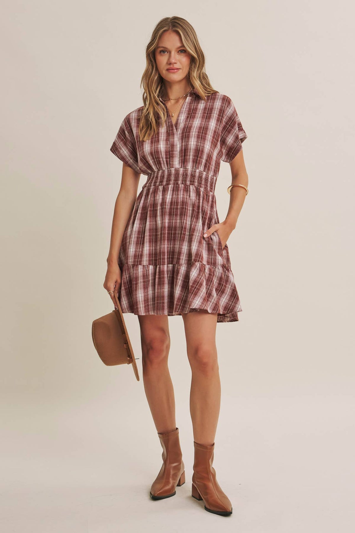 AUTUMN PICNIC DROP SHOULDER PLAID SMOCKED WAIST MINI DRESS