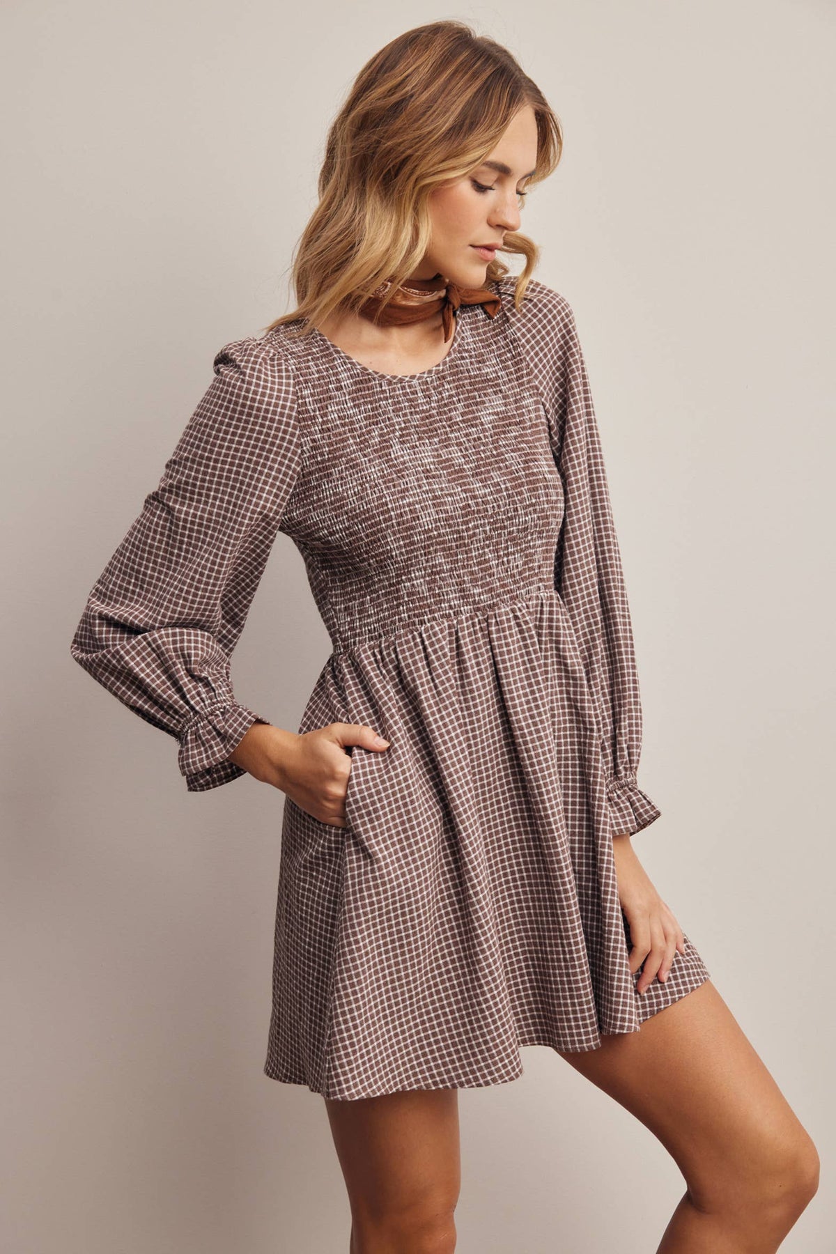 Smocked Gingham Mini Dress FD0071