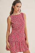 CHARMING FLOCKED PLAID TAILORED DROP WAIST MINI DRESS