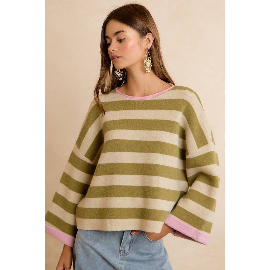 STRIPE CONTRAST BINDING AND REVERSIBLE SWEATER