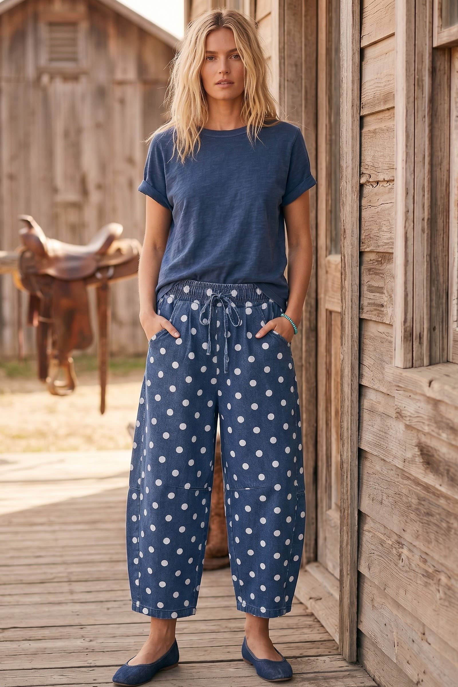 Polka Dot Denim Barrel Pants