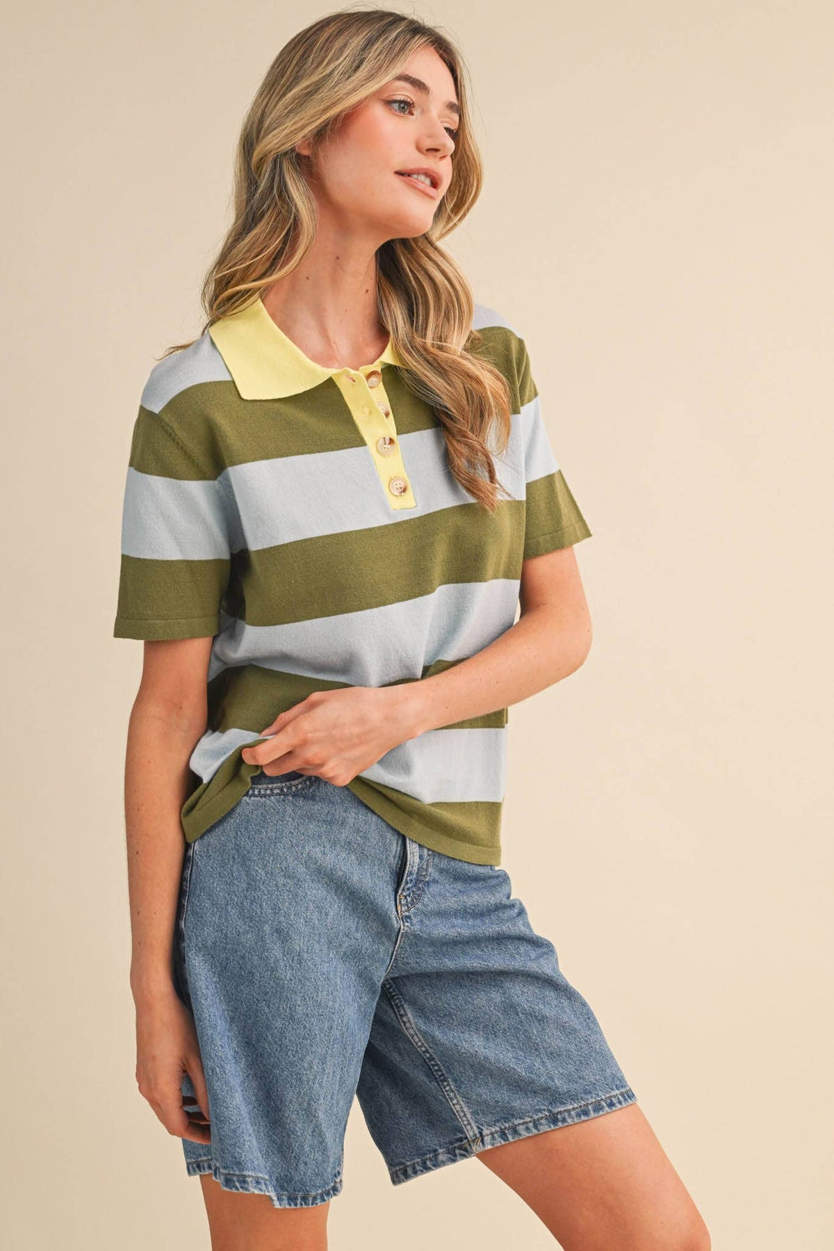 STRIPED SWEATER KNIT SHORT SLEEVE POLO MSW11339