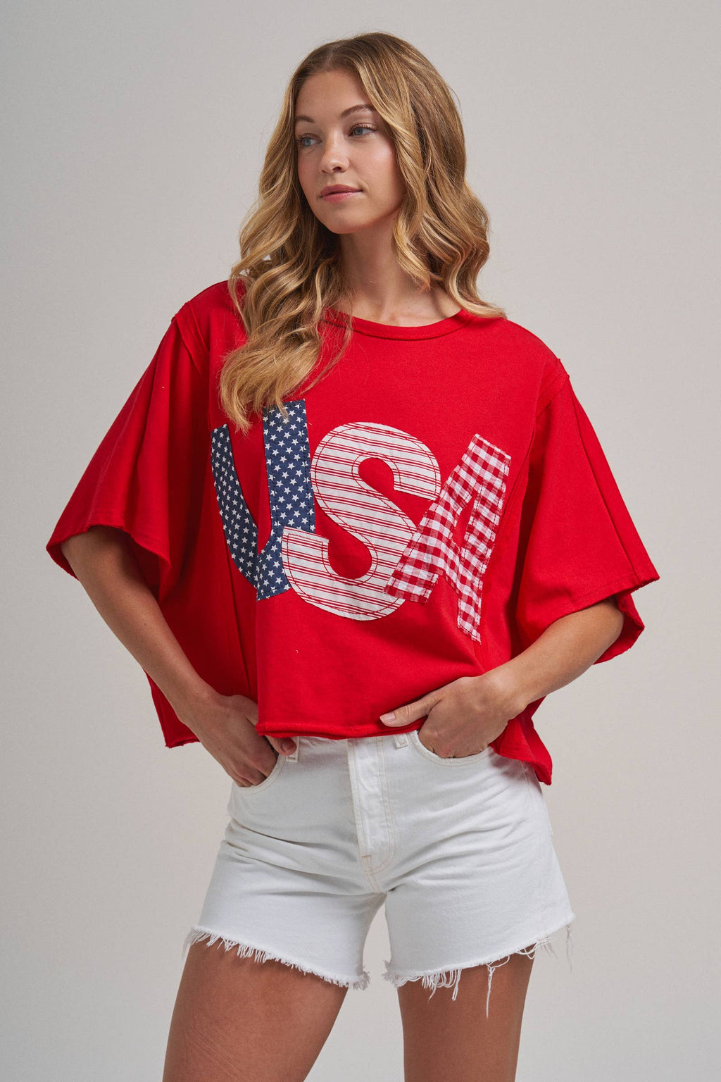 BIG USA LETTER PATCH OVERSIZED 4TH OF JULY KNIT TOP
