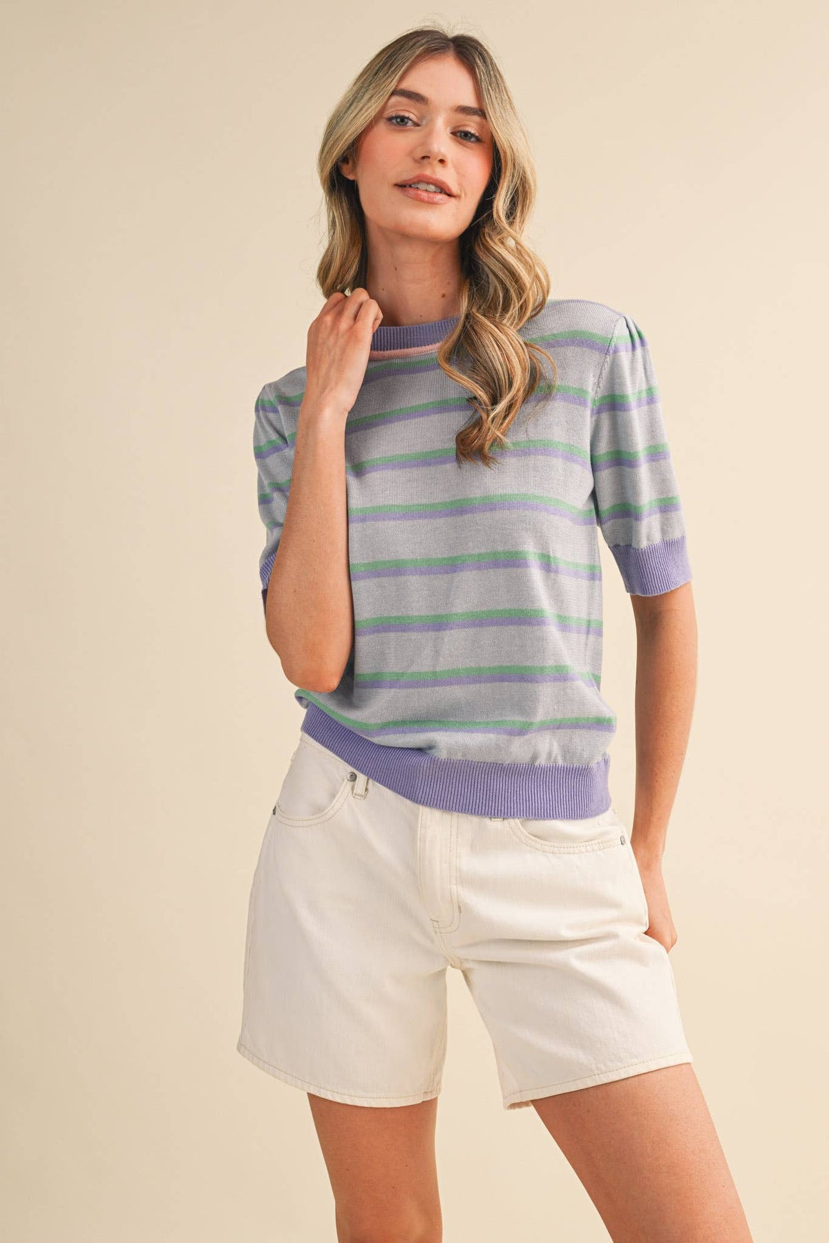 STRIPED SHORT SLEEVE SWEATER MSW11335