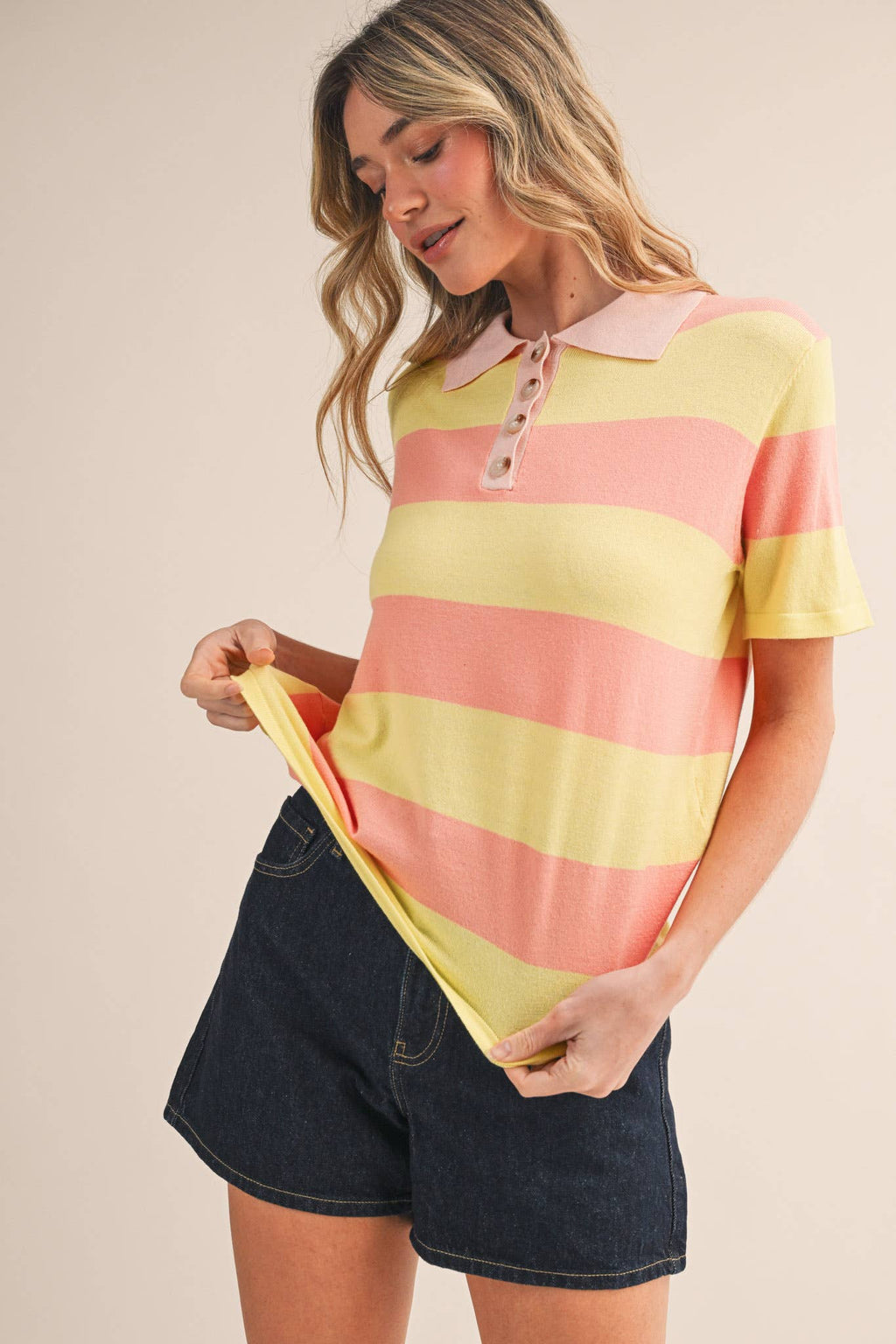 STRIPED SWEATER KNIT SHORT SLEEVE POLO MSW11339