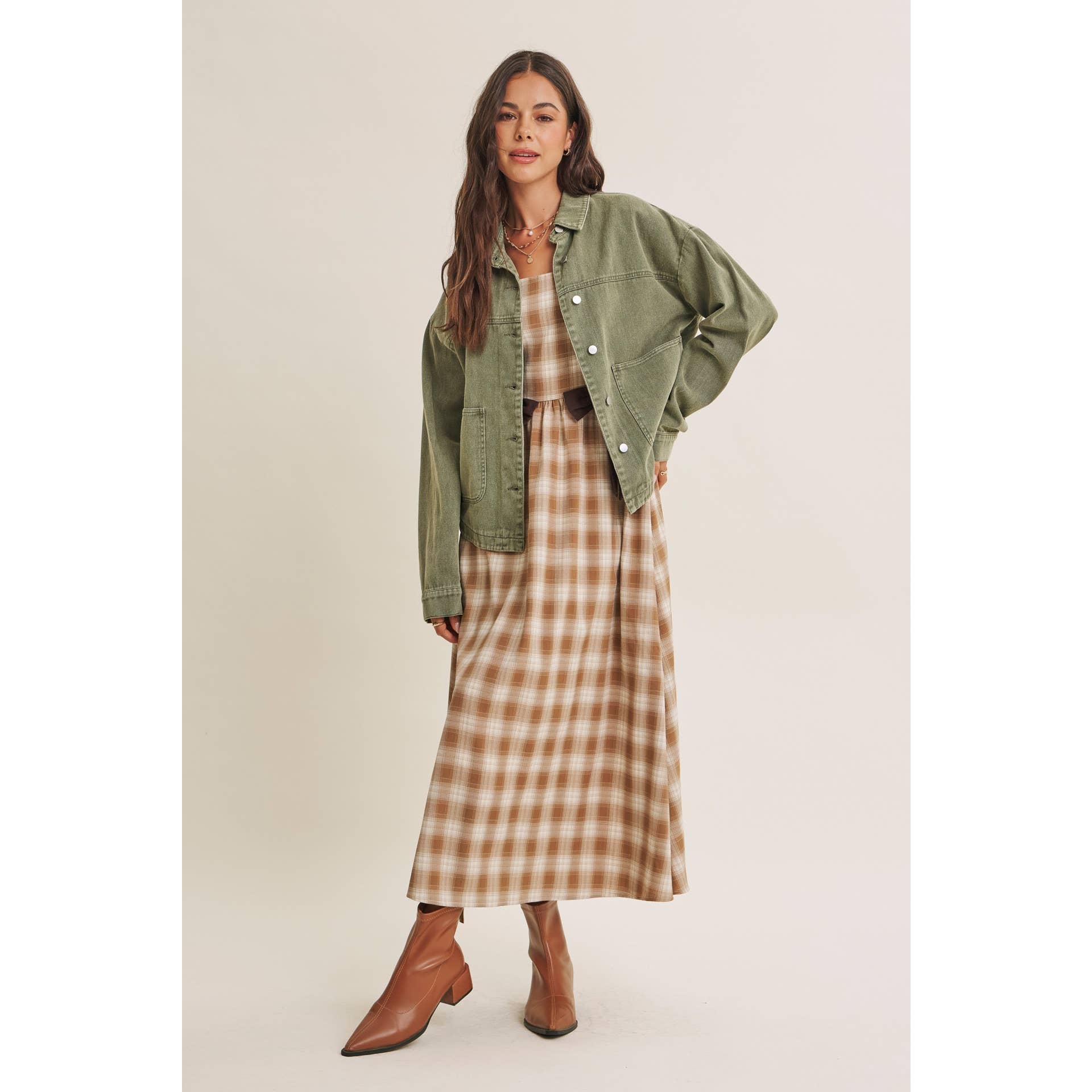 GOLDEN FIELD PLAID SMOCKED MIDI DRESS WITH CONTRAST BOW