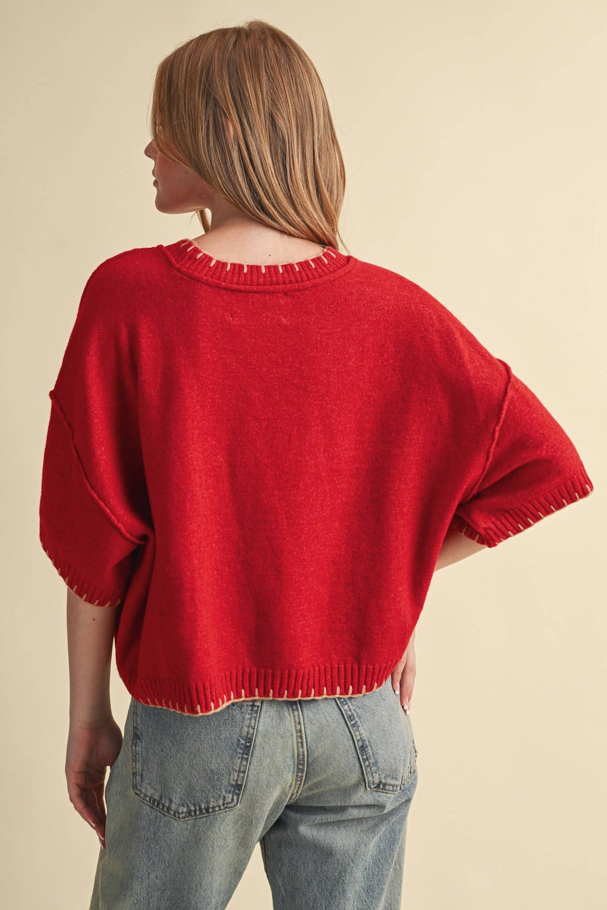 CONTRAST BLANKET STITCH MOCK NECK SHORT SLV SWEATER MSW11407