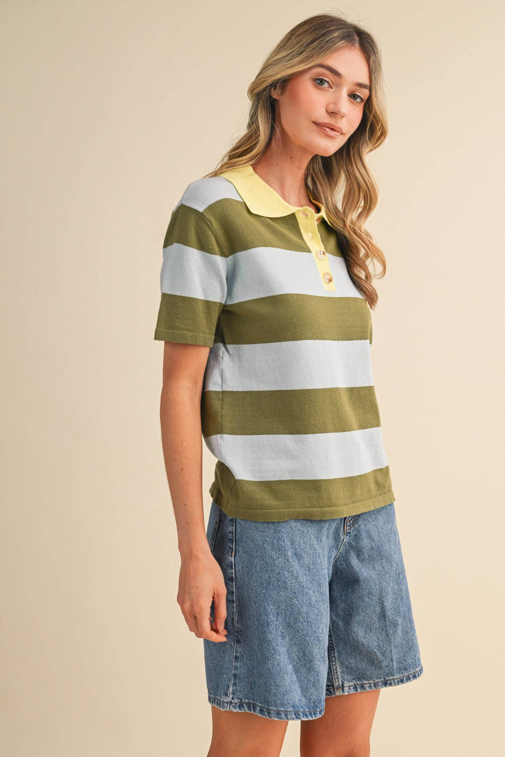 STRIPED SWEATER KNIT SHORT SLEEVE POLO MSW11339