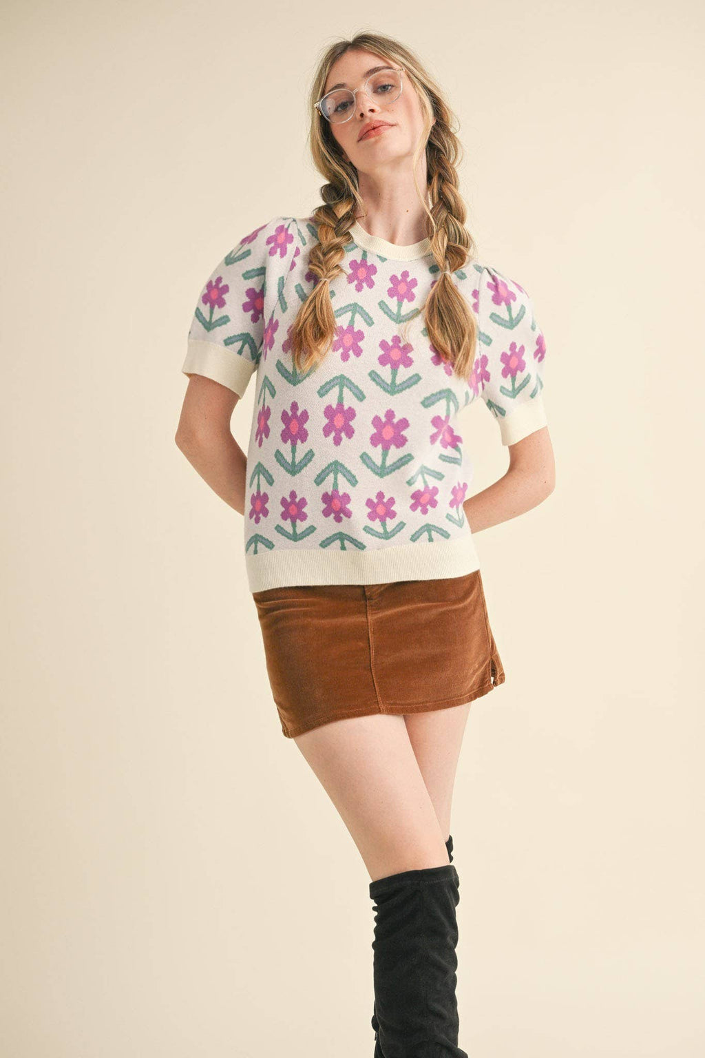 SHORT SLEEVE FLORAL KNIT SWEATER MSW10510