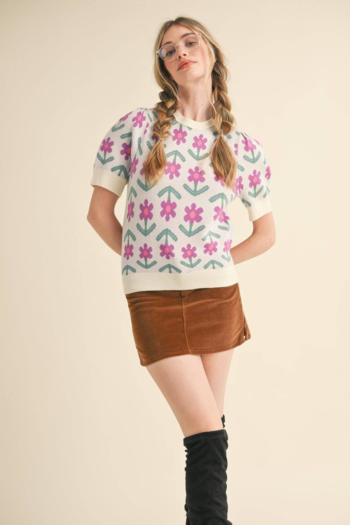 SHORT SLEEVE FLORAL KNIT SWEATER MSW10510