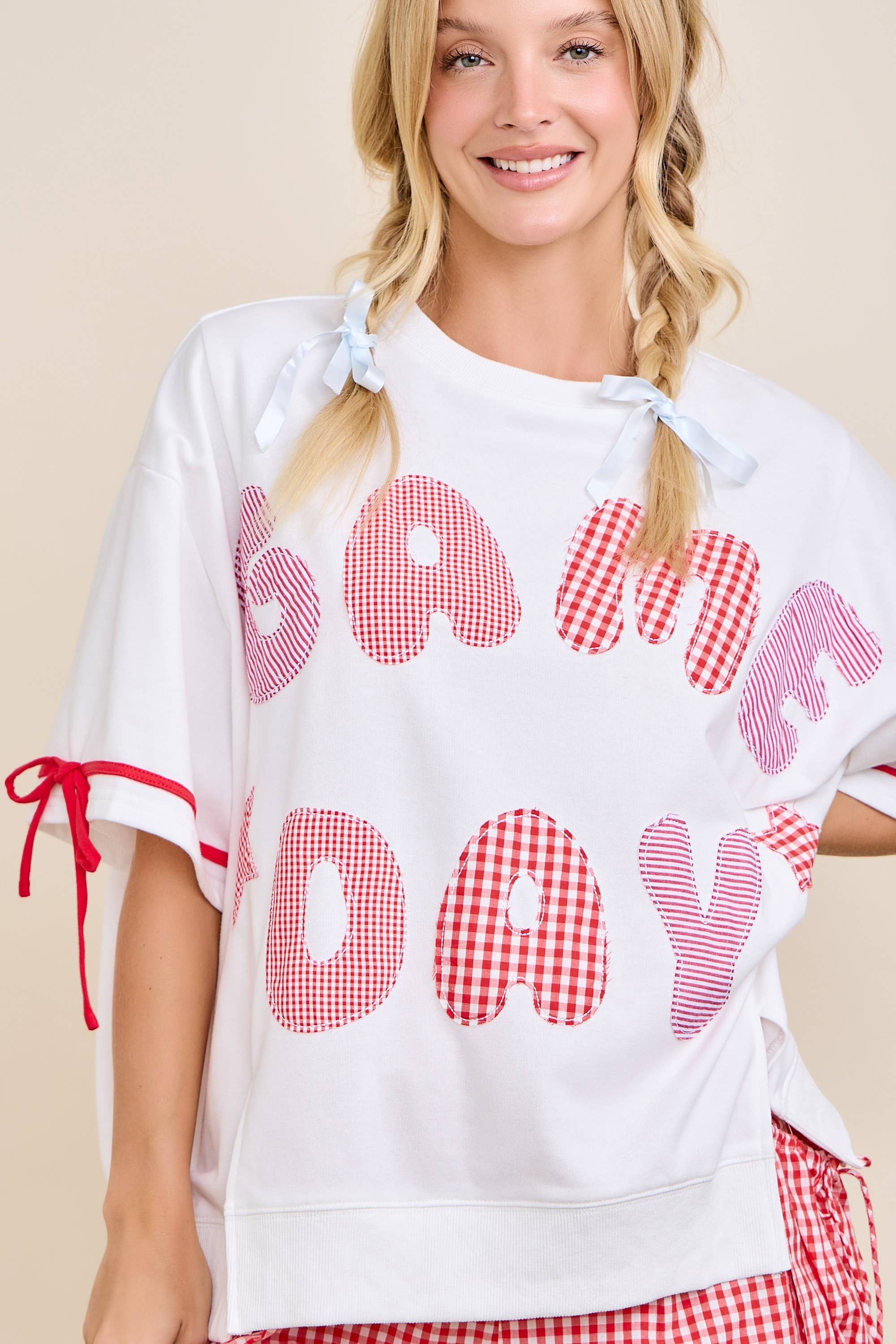 Game Day Patchwork Boxy Top – Ribbon Sleeve Western Style