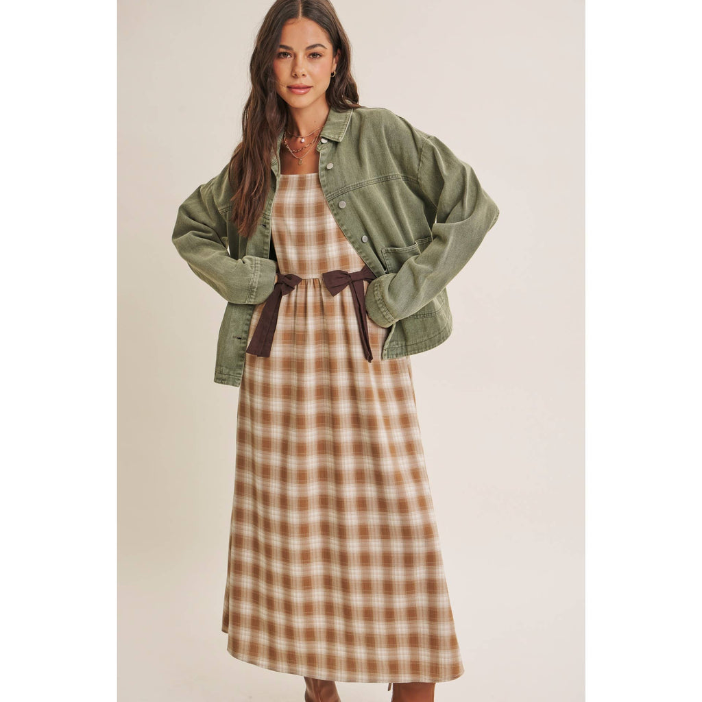 GOLDEN FIELD PLAID SMOCKED MIDI DRESS WITH CONTRAST BOW