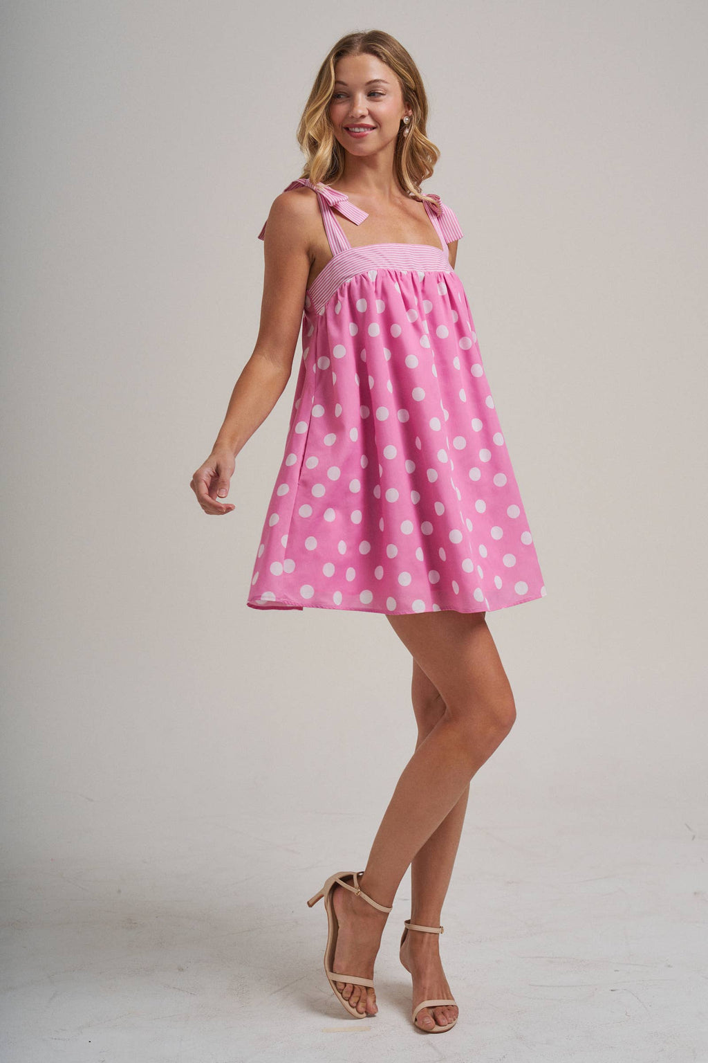 POLKA DOT BABYDOLL A LINE MINI DRESS WITH STRIPE BODICE