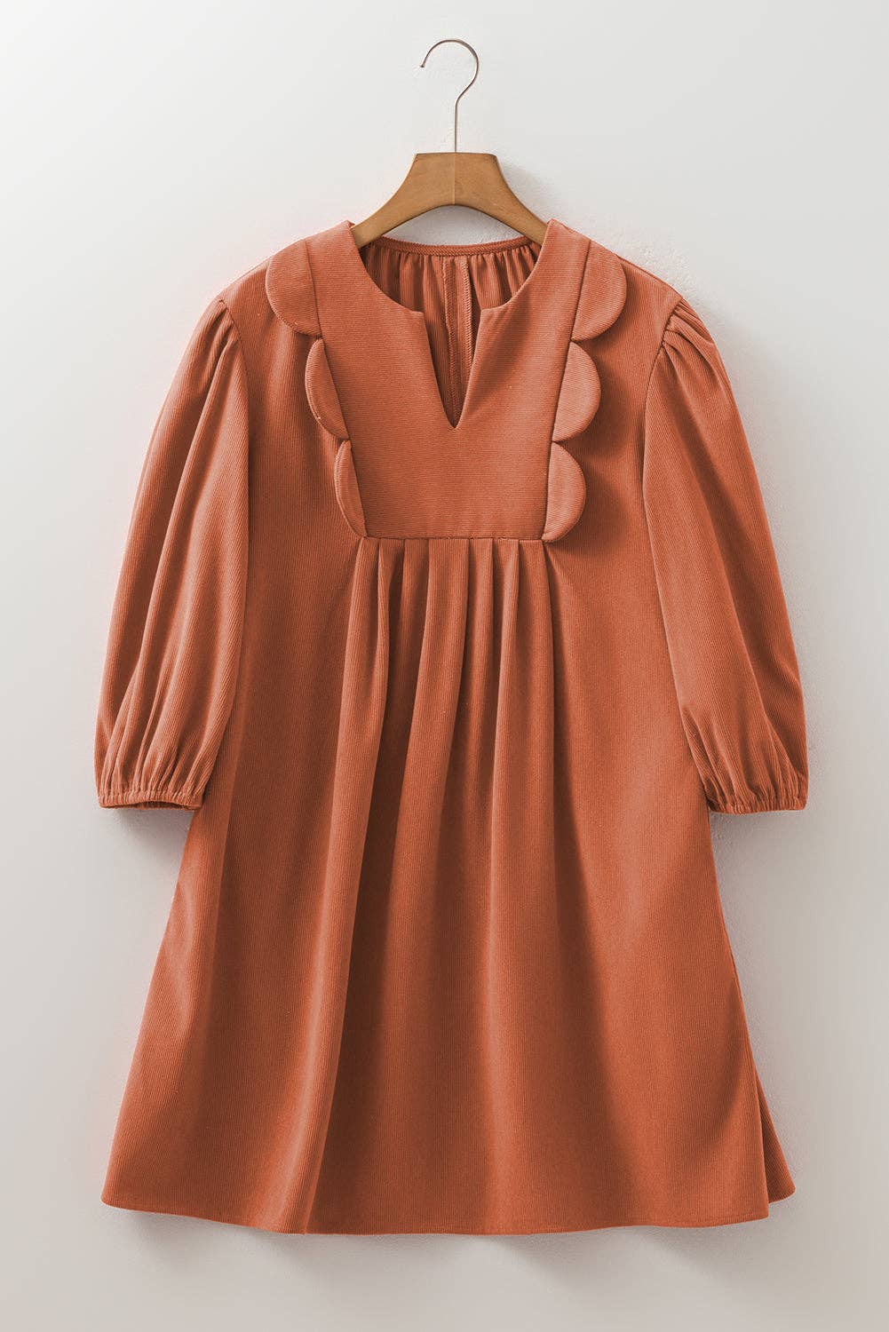 Corduroy Pleated Scallop Neck 3/4 Sleeve Mini Dress