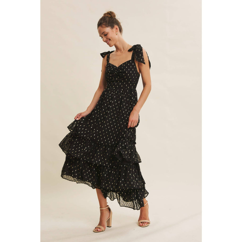 DESIGNED FOR MAGICAL MOMENT RUCHED FOIL SWISS DOT MAXI DRESS