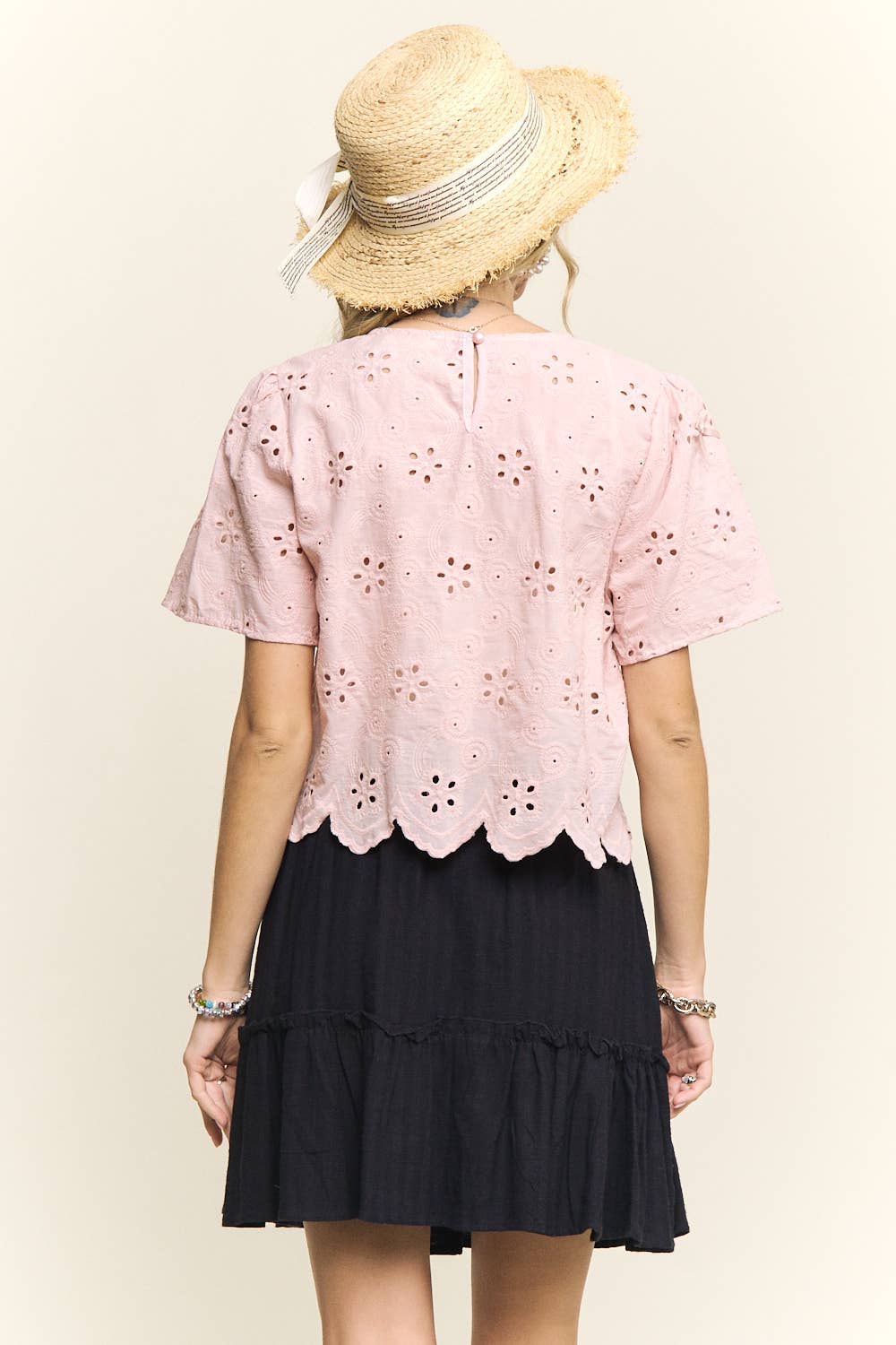 SHORT SLEEVE EYELET EMBROIDERED BLOUSE- LET4206
