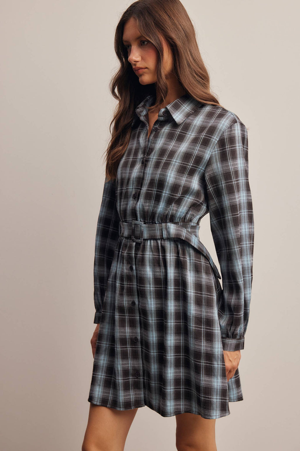 Belted Plaid Shirt Dress FD0063