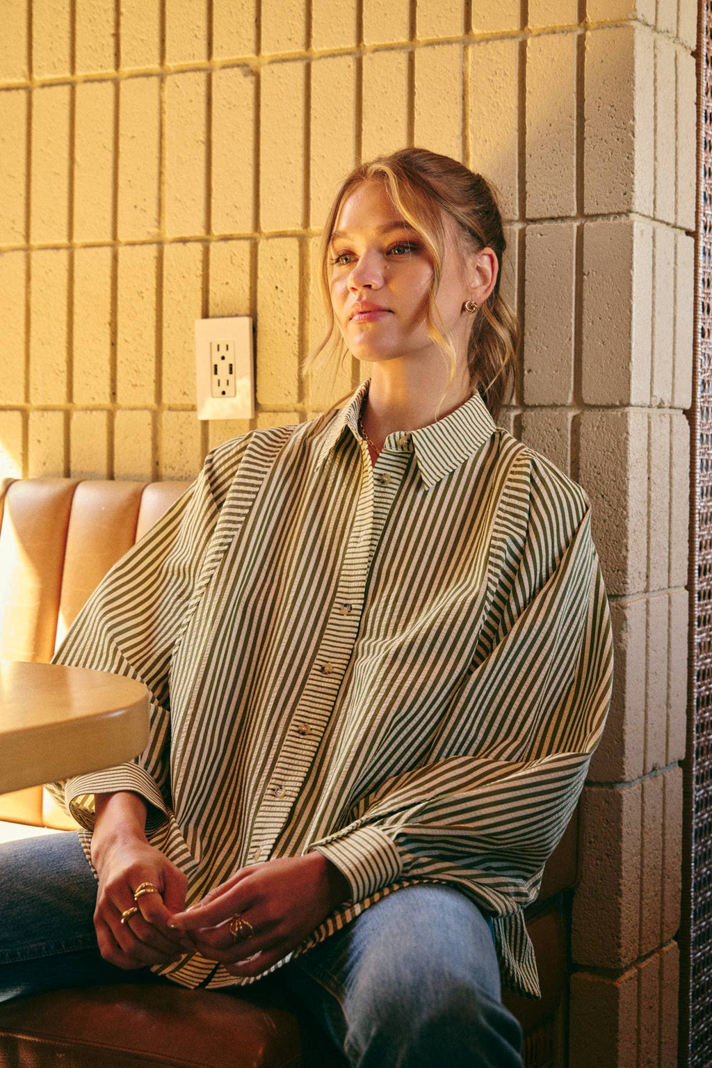 FRENCH CAFE MIXED STRIPE BATWING BUTTON-DOWN SHIRT