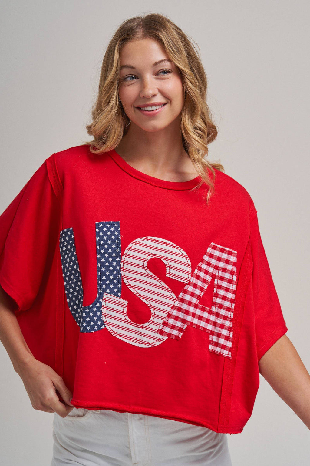 BIG USA LETTER PATCH OVERSIZED 4TH OF JULY KNIT TOP