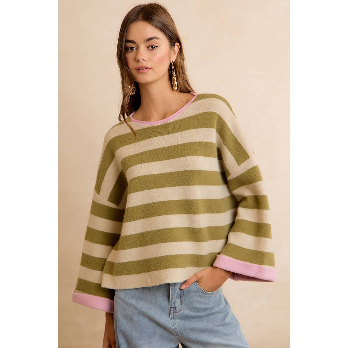STRIPE CONTRAST BINDING AND REVERSIBLE SWEATER