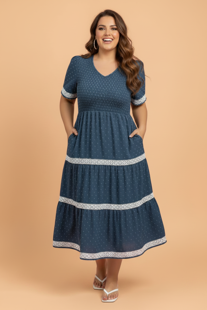PRETTY BASH Plus Size Swiss Dot Flared Midi Dress