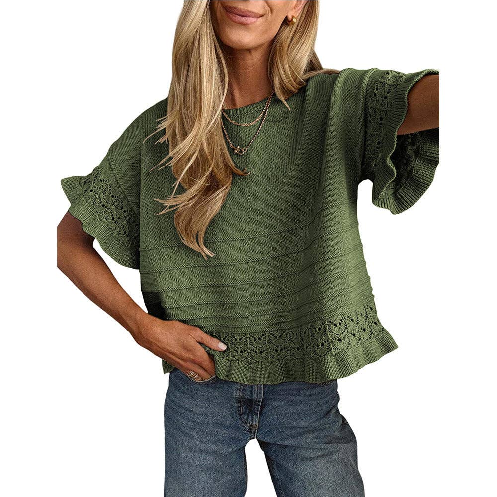 Boho Solid Knit Top Casual Eyelet Ruffle Sleeve