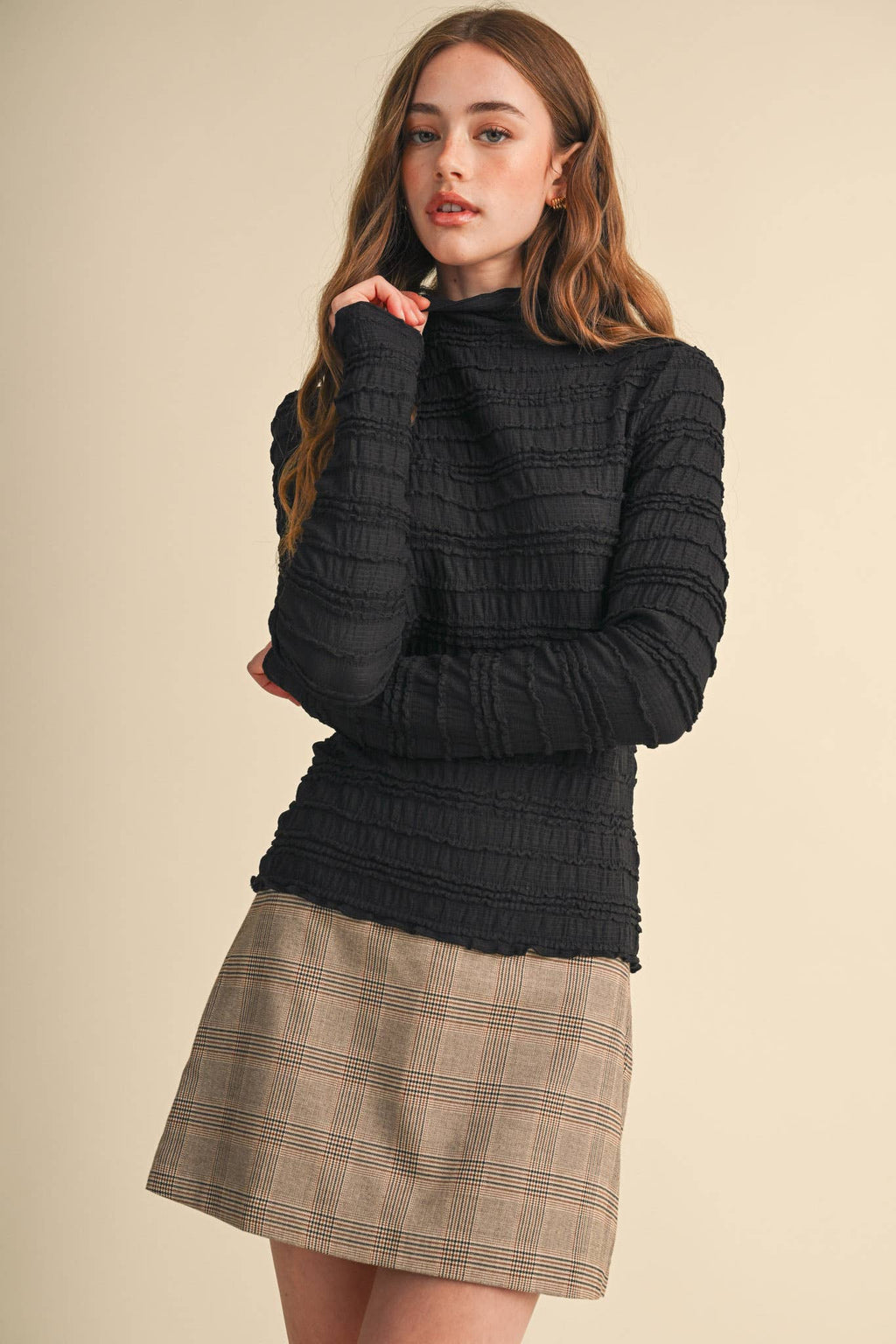 SHIRRED LONG SLEEVE MOCK NECK TOP MTP5407