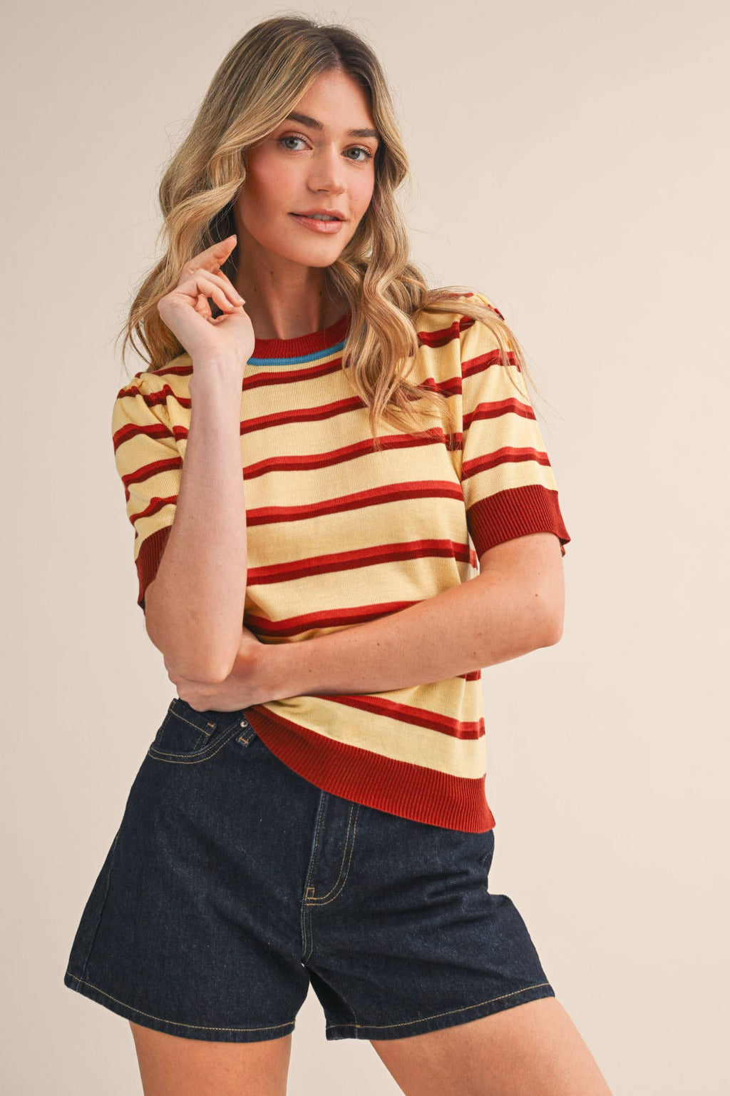 STRIPED SHORT SLEEVE SWEATER MSW11335