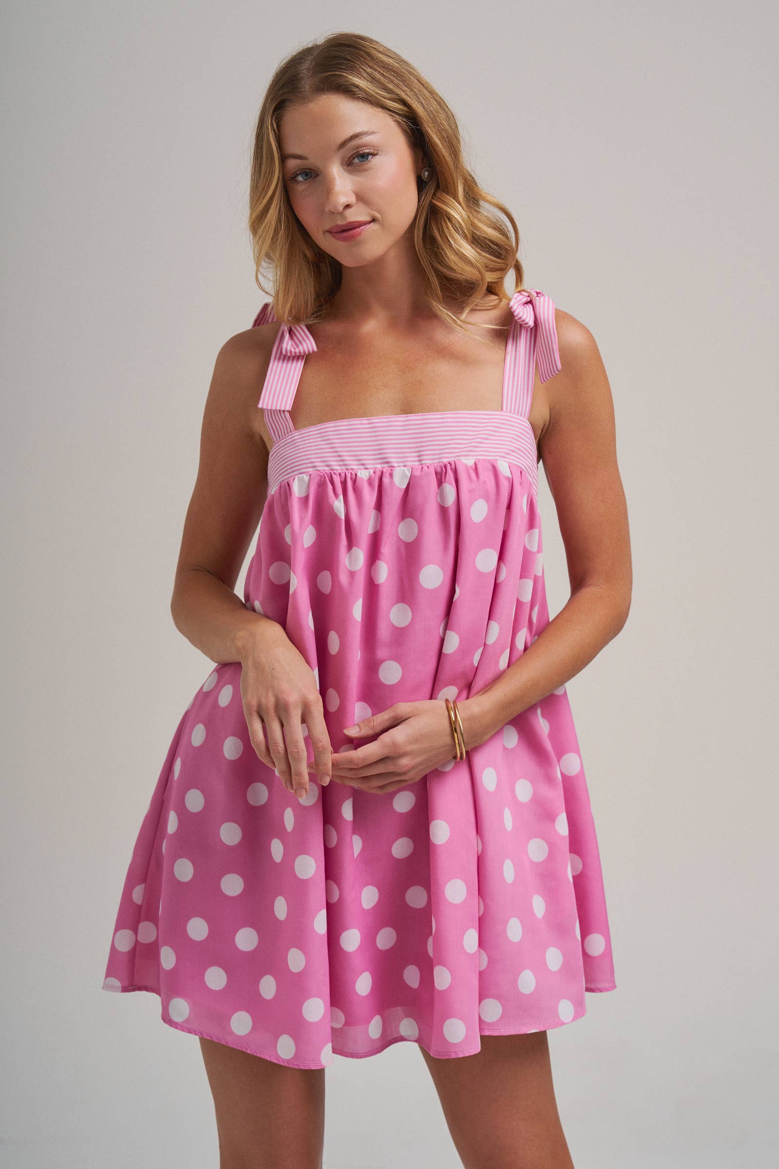 POLKA DOT BABYDOLL A LINE MINI DRESS WITH STRIPE BODICE