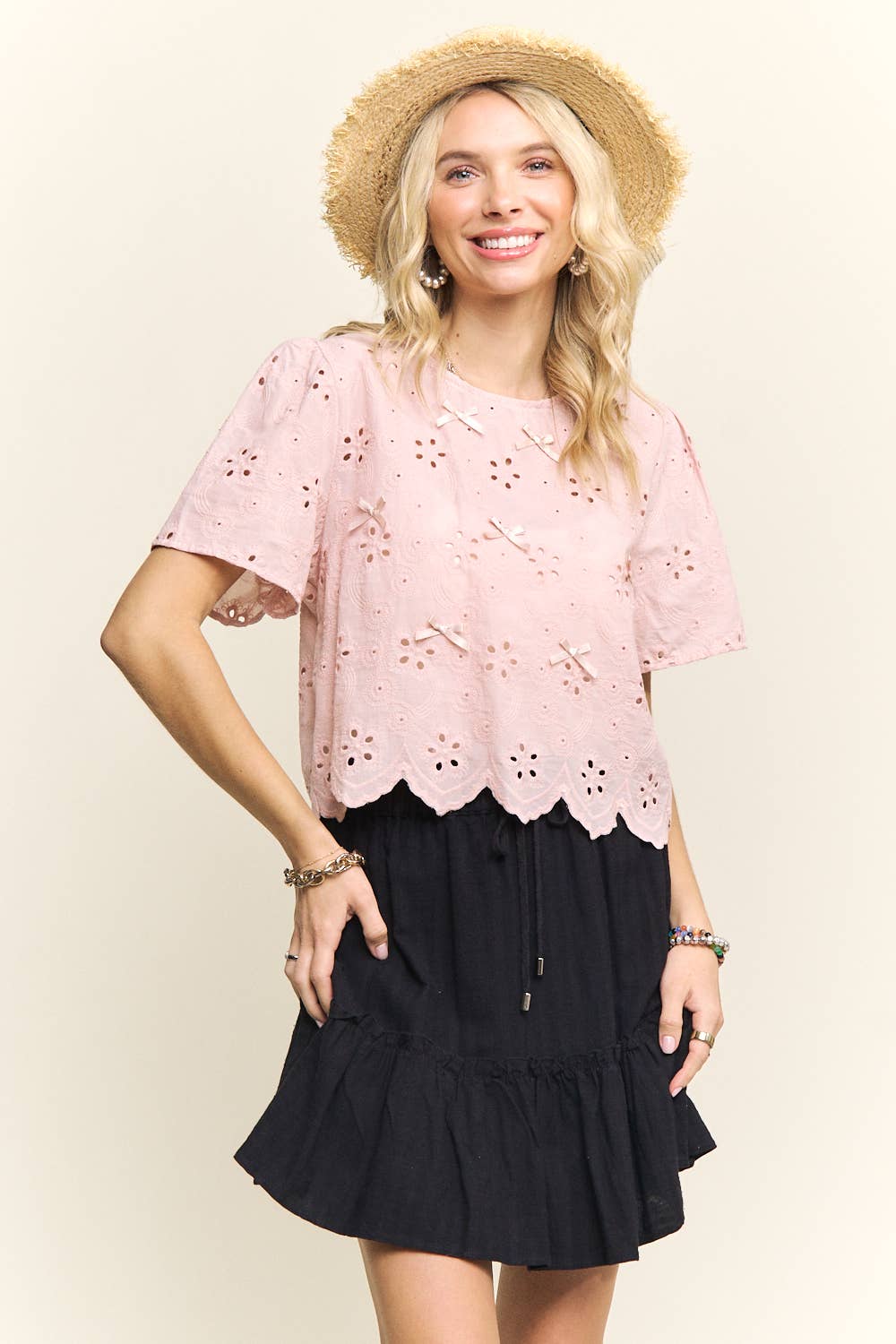 SHORT SLEEVE EYELET EMBROIDERED BLOUSE- LET4206
