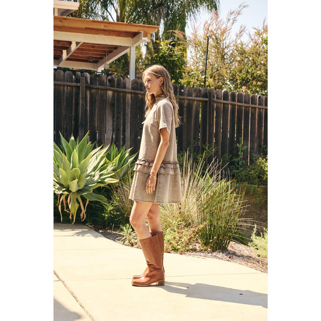 DUSTY ROAD MINERAL-WASHED COTTON TWILL RUFFLED MINI DRESS