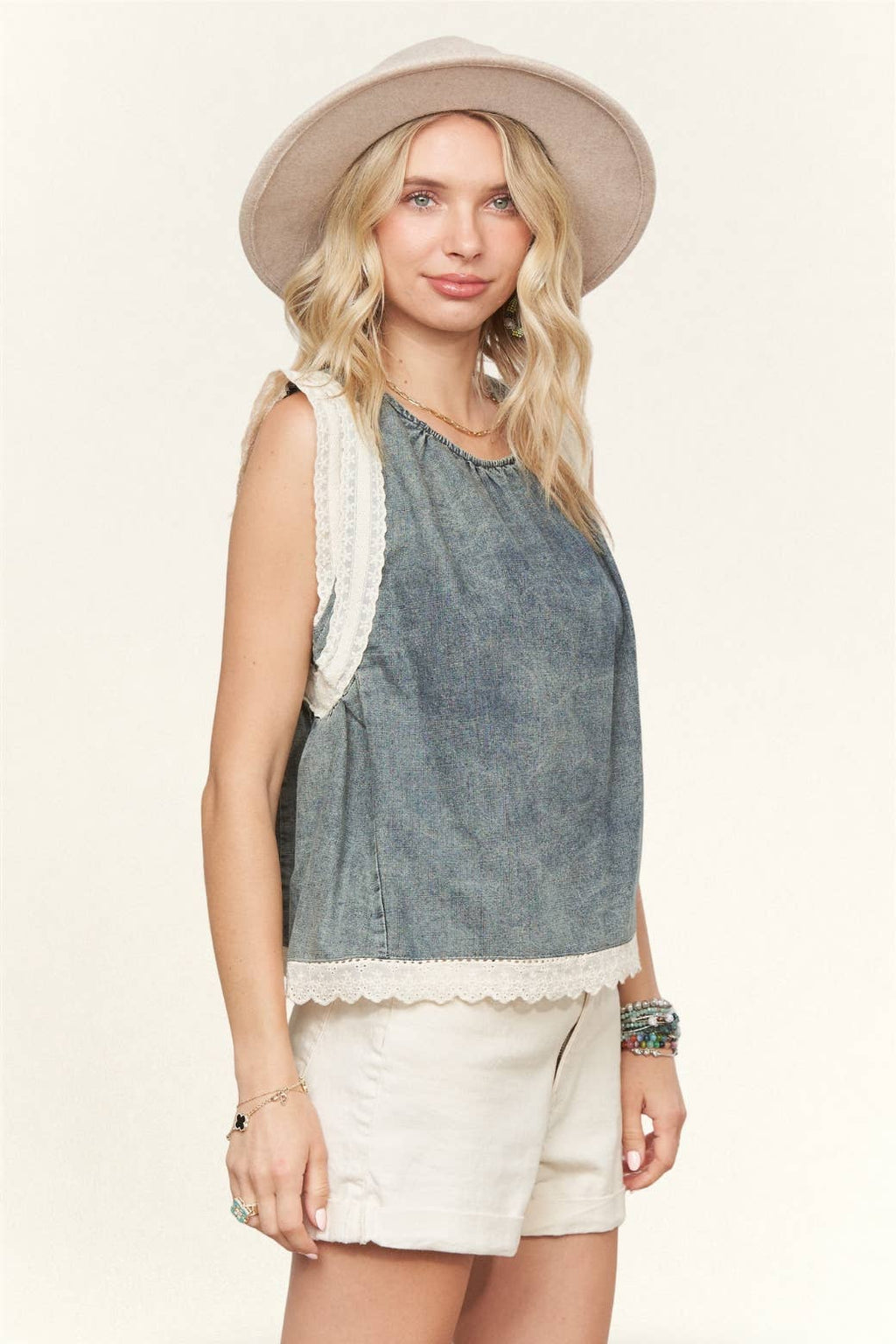 DENIM BLOUSE WITH LACE TRIM- LET3981