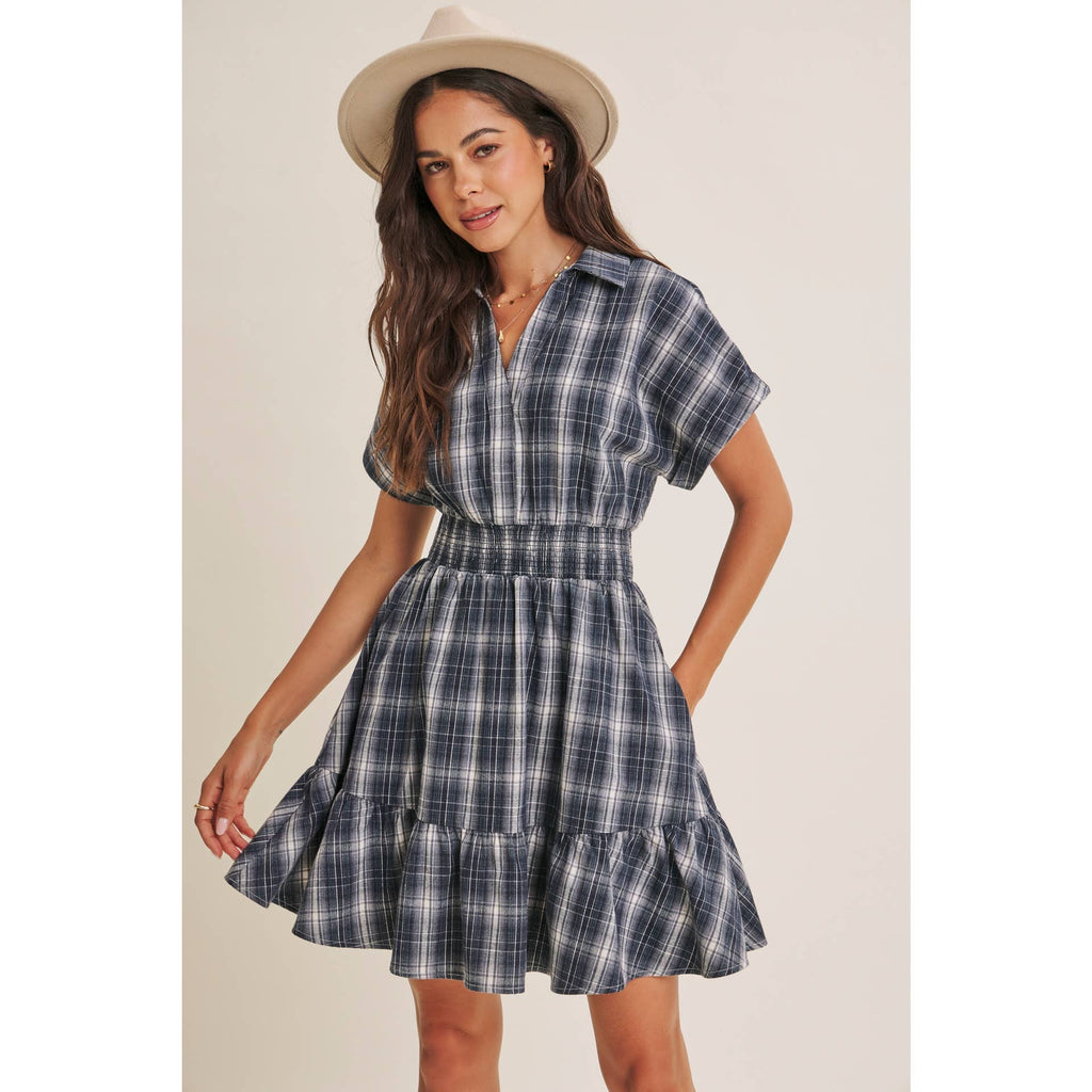 AUTUMN PICNIC DROP SHOULDER PLAID SMOCKED WAIST MINI DRESS