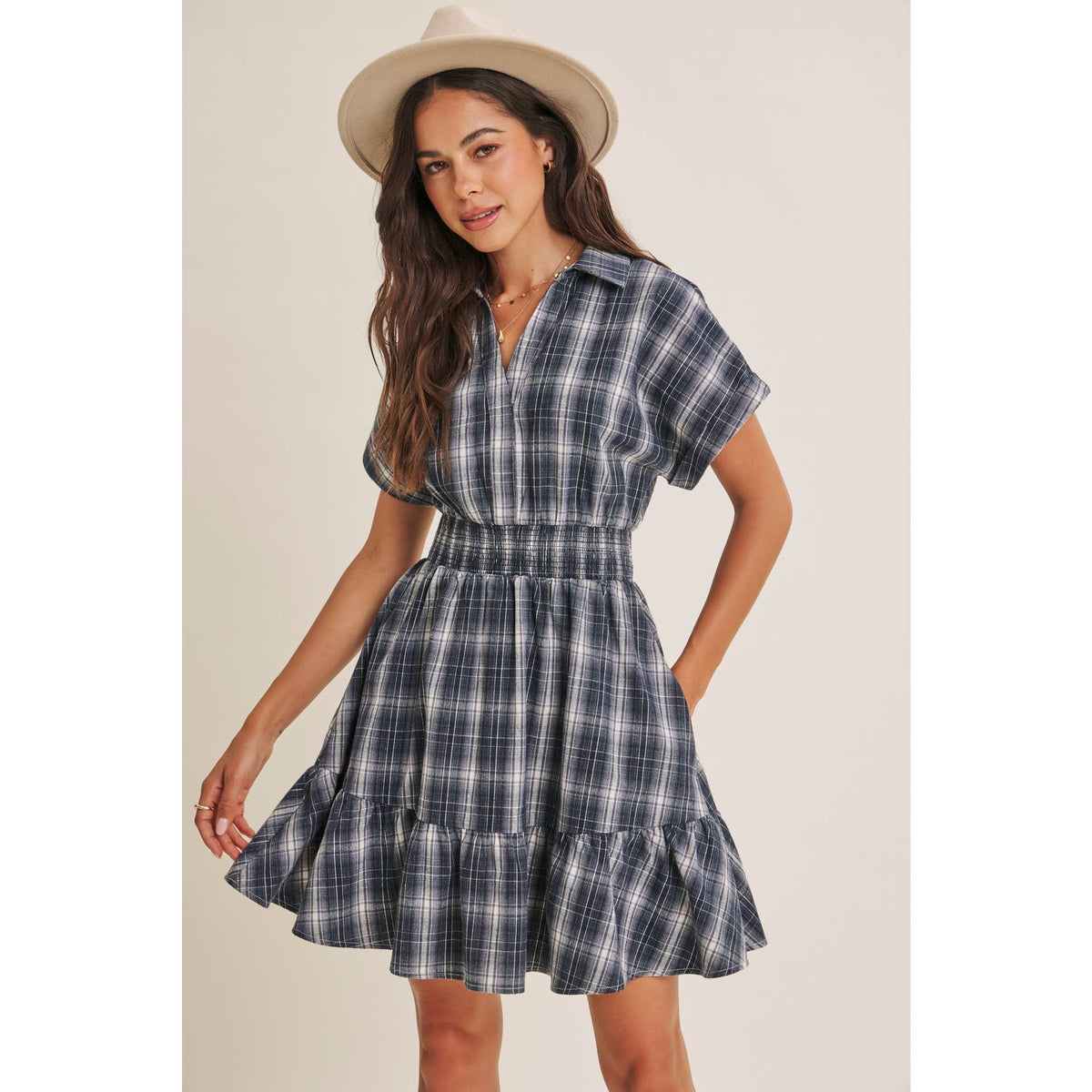 AUTUMN PICNIC DROP SHOULDER PLAID SMOCKED WAIST MINI DRESS
