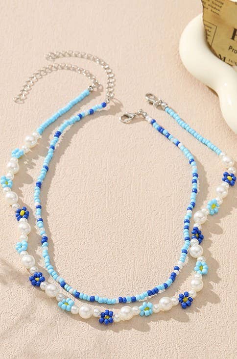 DOUBLE LAYER PEARL BEADED FLOWER NECKLACE | 40NK324