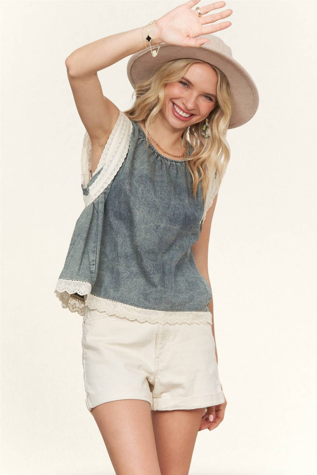 DENIM BLOUSE WITH LACE TRIM- LET3981