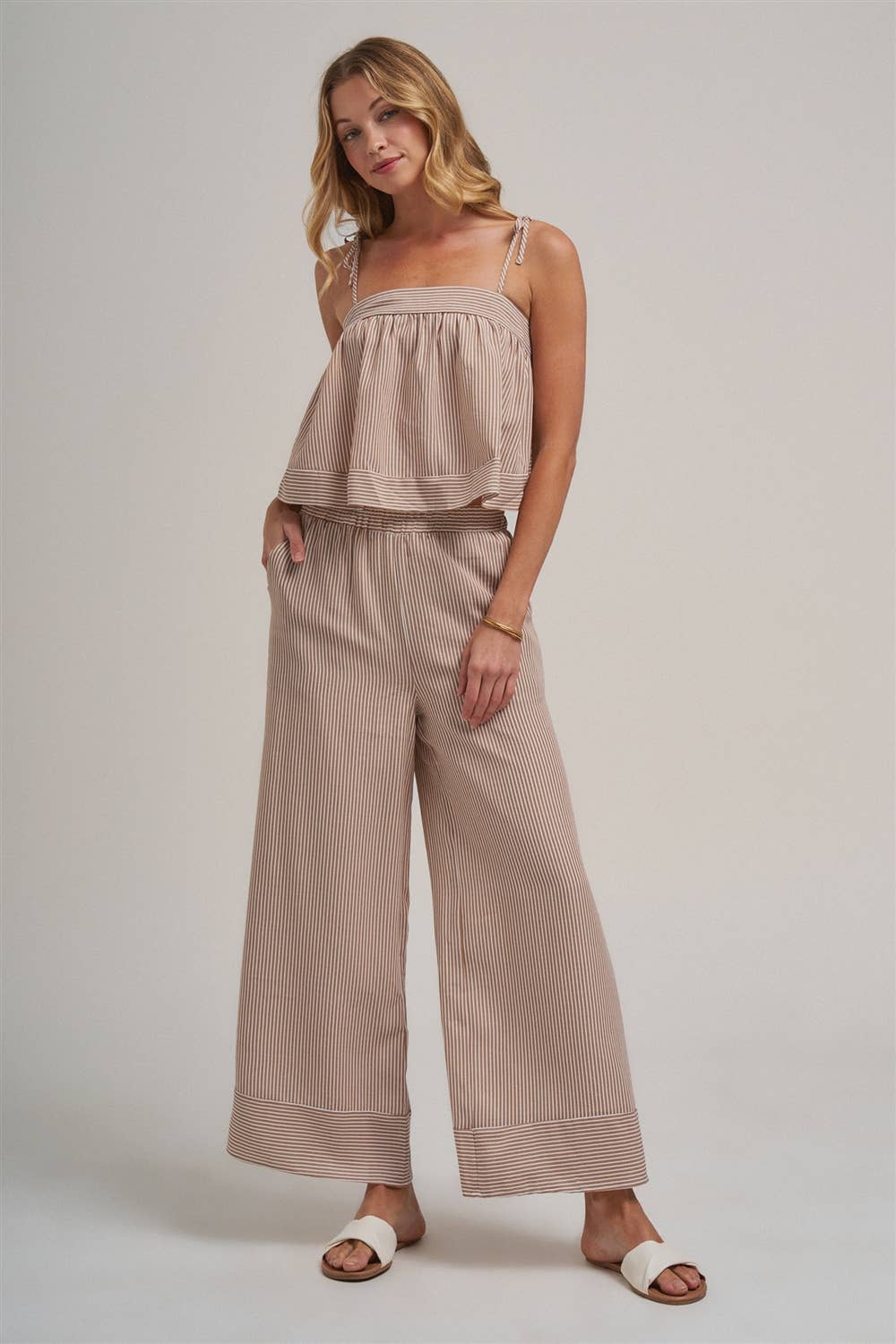 STRIPED TWO PIECE SET WITH FLOWY CAMI TOP AND WIDE LEG PANTS