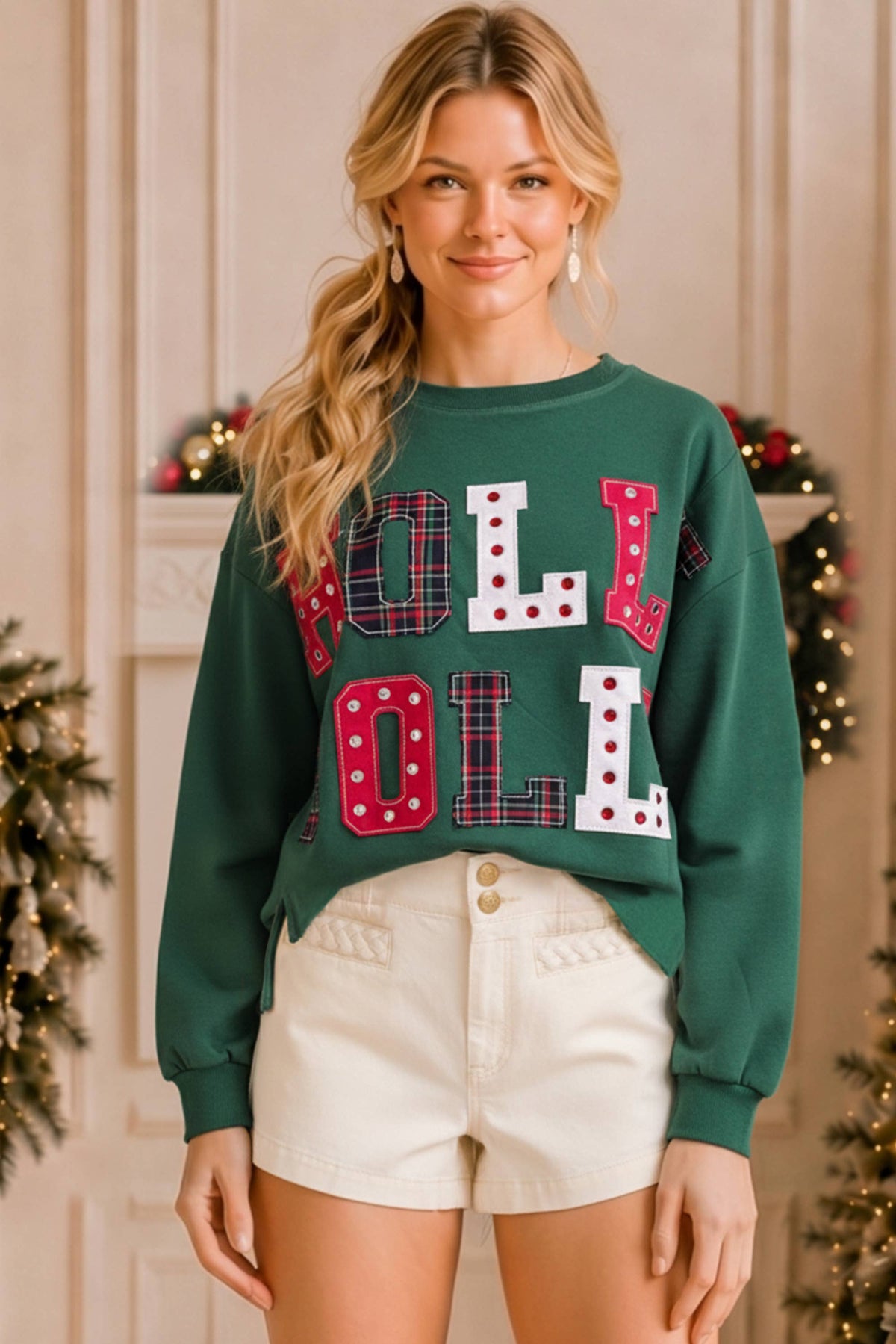 Holly Jolly Patchwork Graphic Holiday Sweatshirt